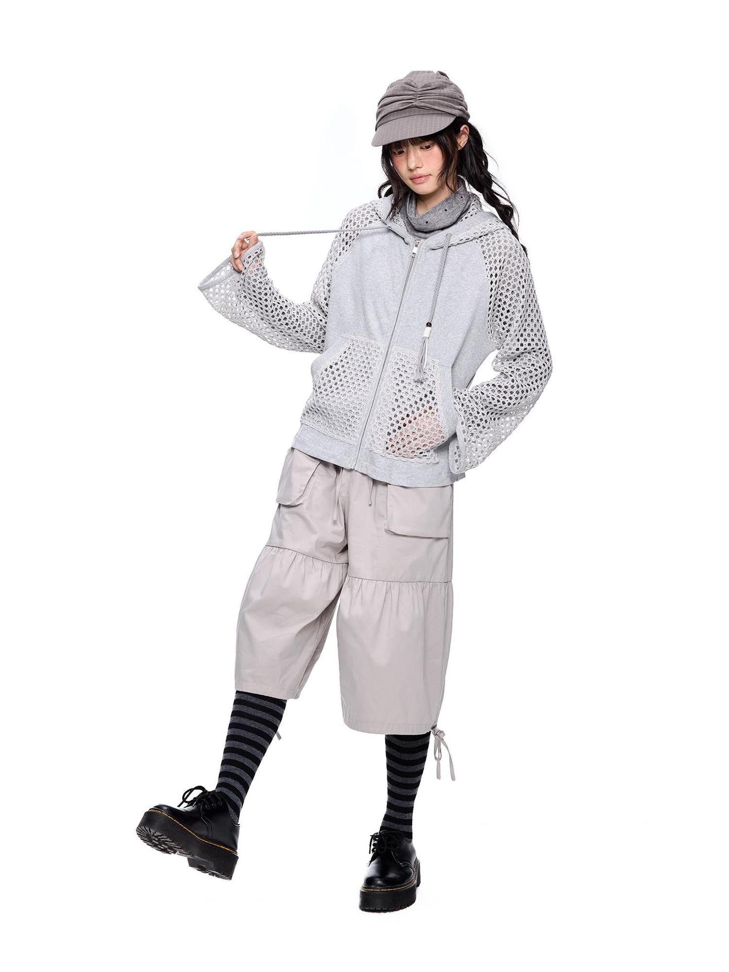 EZEK Grey Cutout Paneling Letter Print Loose Fit Long Sleeve Women's Zip-up Hoodies