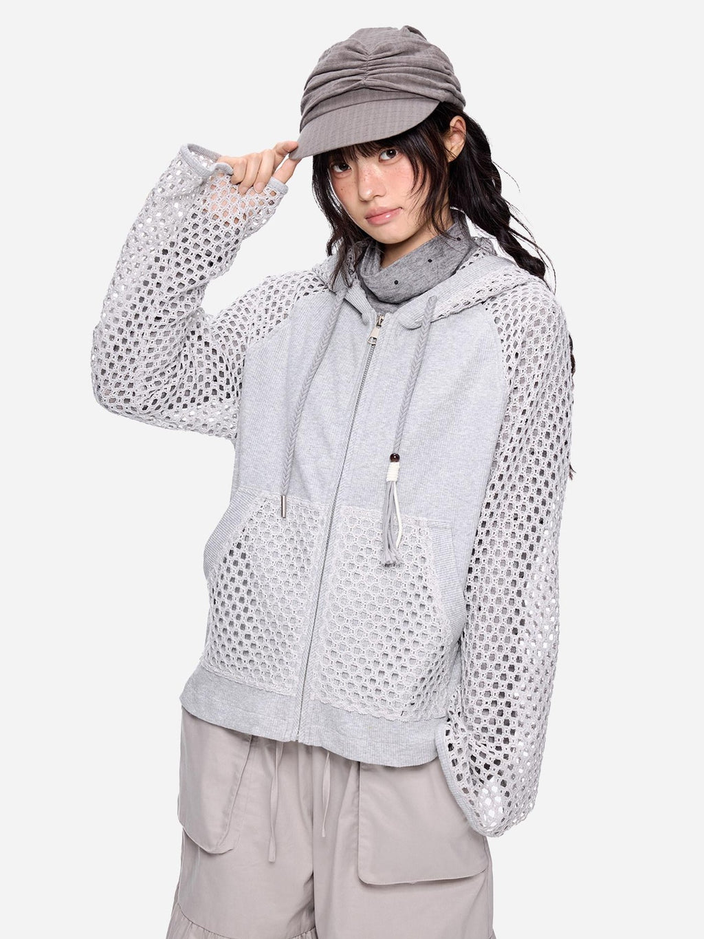 EZEK Grey Cutout Paneling Letter Print Loose Fit Long Sleeve Women's Zip-up Hoodies