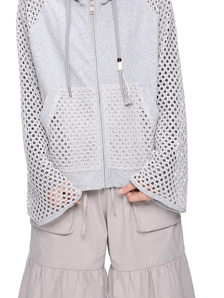 EZEK Grey Cutout Paneling Letter Print Loose Fit Long Sleeve Women's Zip-up Hoodies