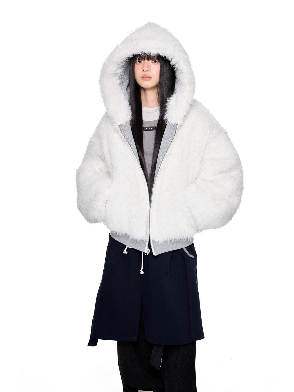 EZEK Grey Fluffy Ear Reversible Hooded Zipper Women's Cotton Puffer Jackets