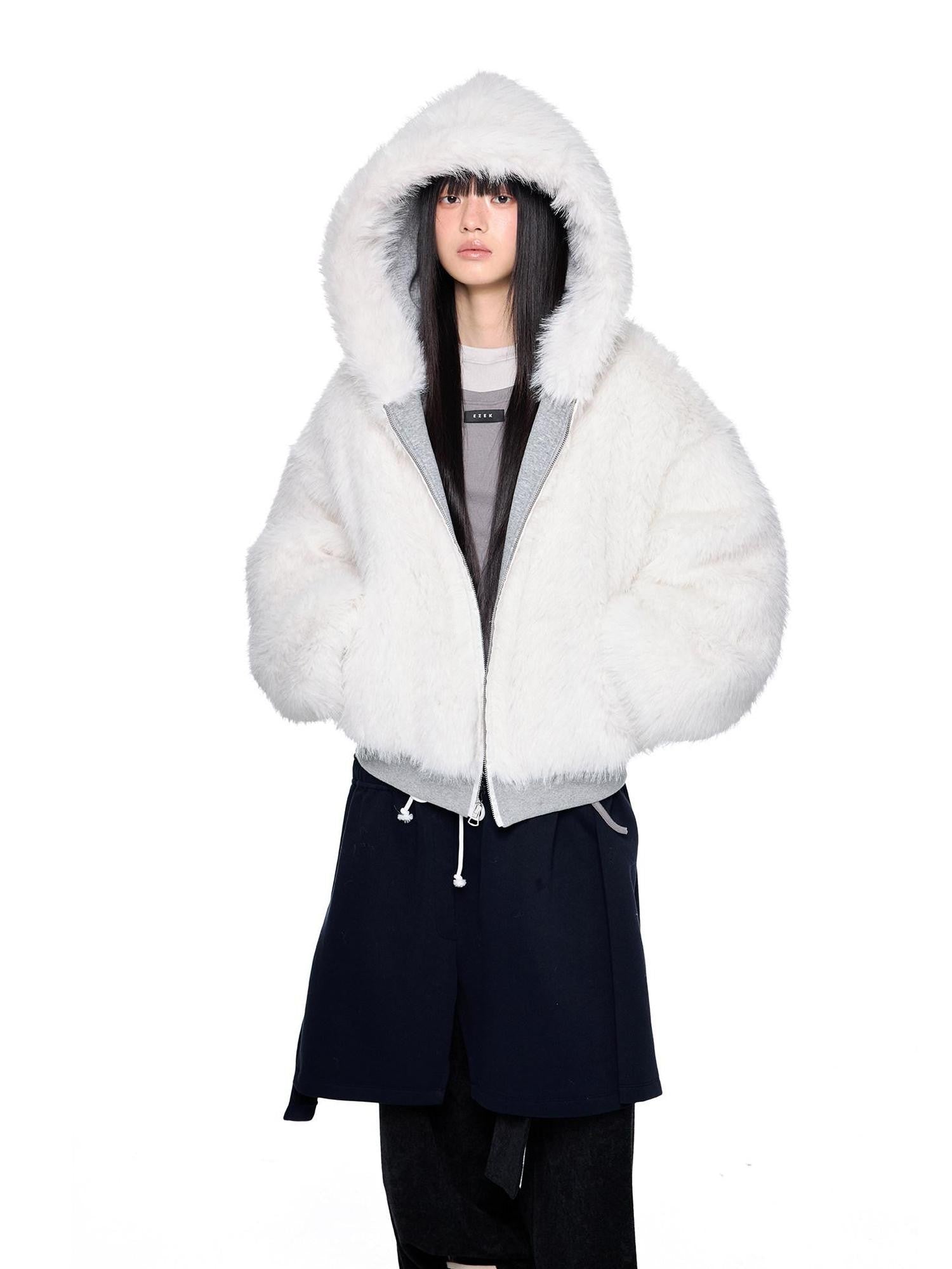 EZEK Grey Fluffy Ear Reversible Hooded Zipper Women's Cotton Puffer Jackets