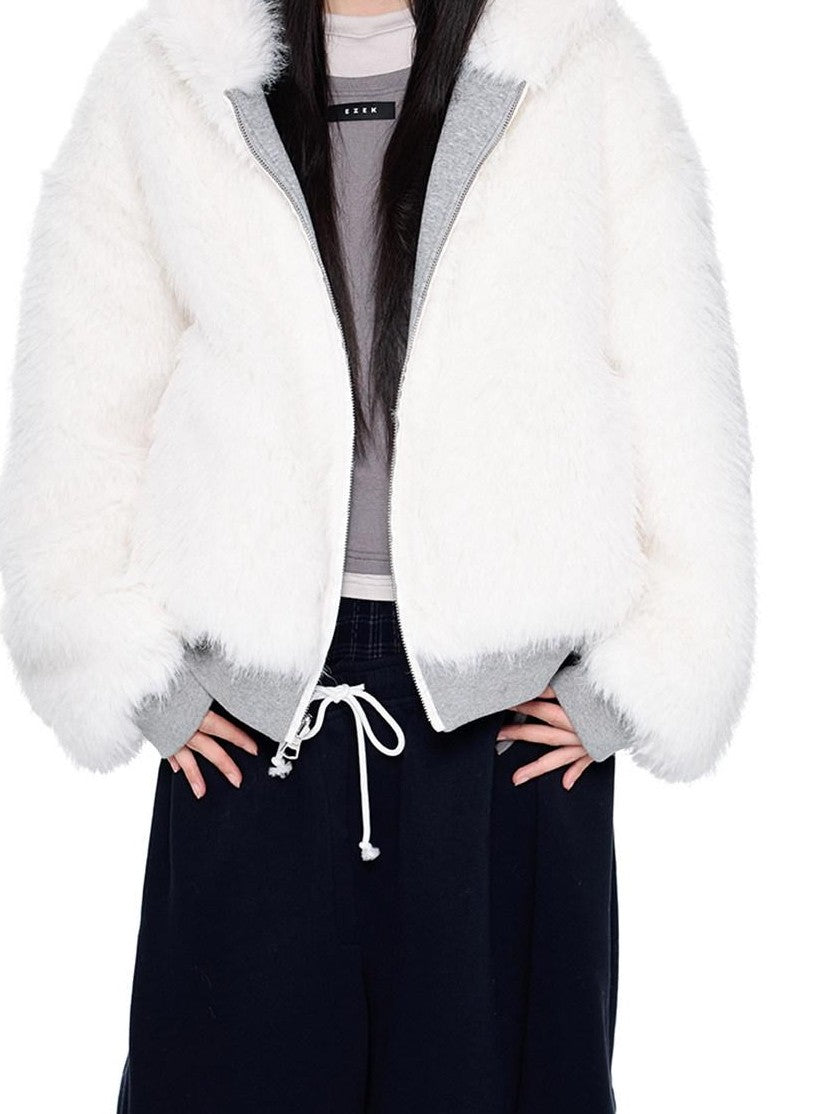 EZEK Grey Fluffy Ear Reversible Hooded Zipper Women's Cotton Puffer Jackets