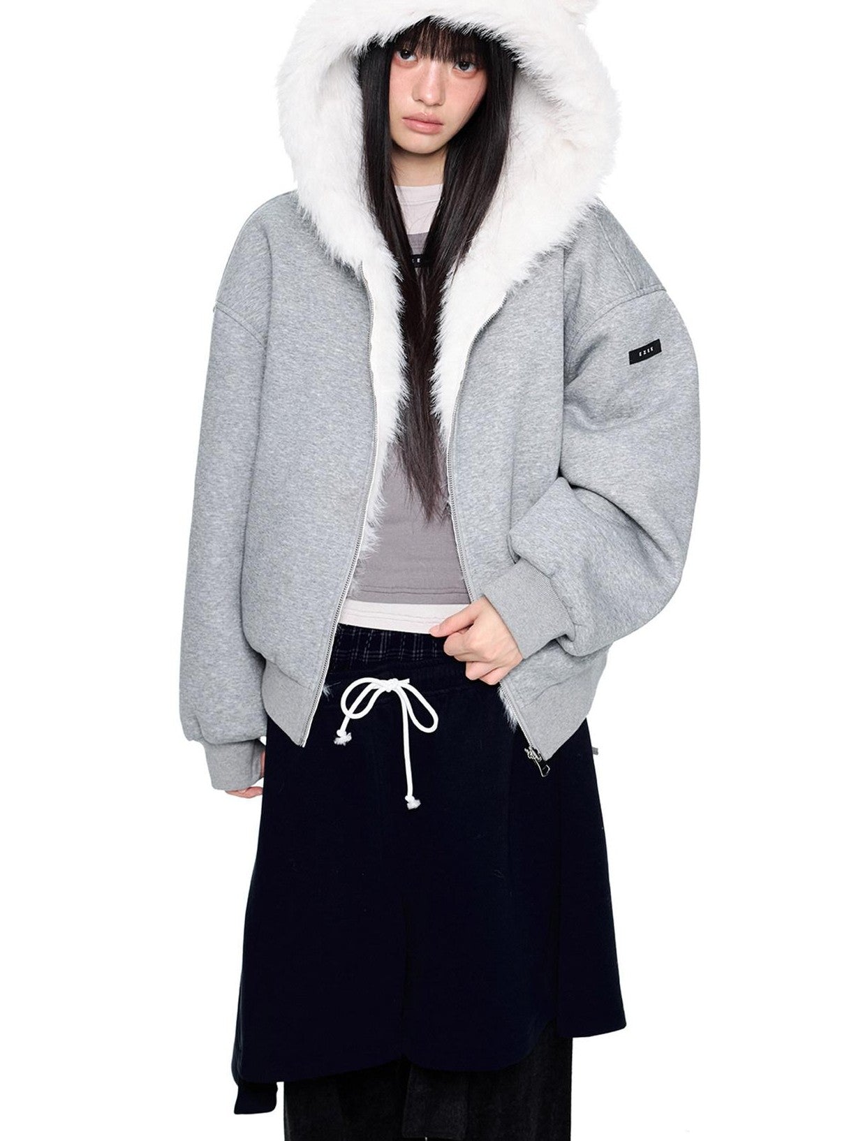 EZEK Grey Fluffy Ear Reversible Hooded Zipper Women's Cotton Puffer Jackets