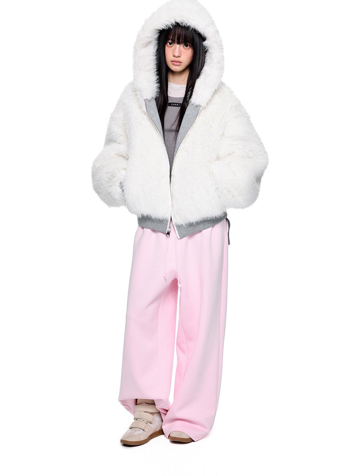 EZEK Grey Fluffy Ear Reversible Hooded Zipper Women's Cotton Puffer Jackets