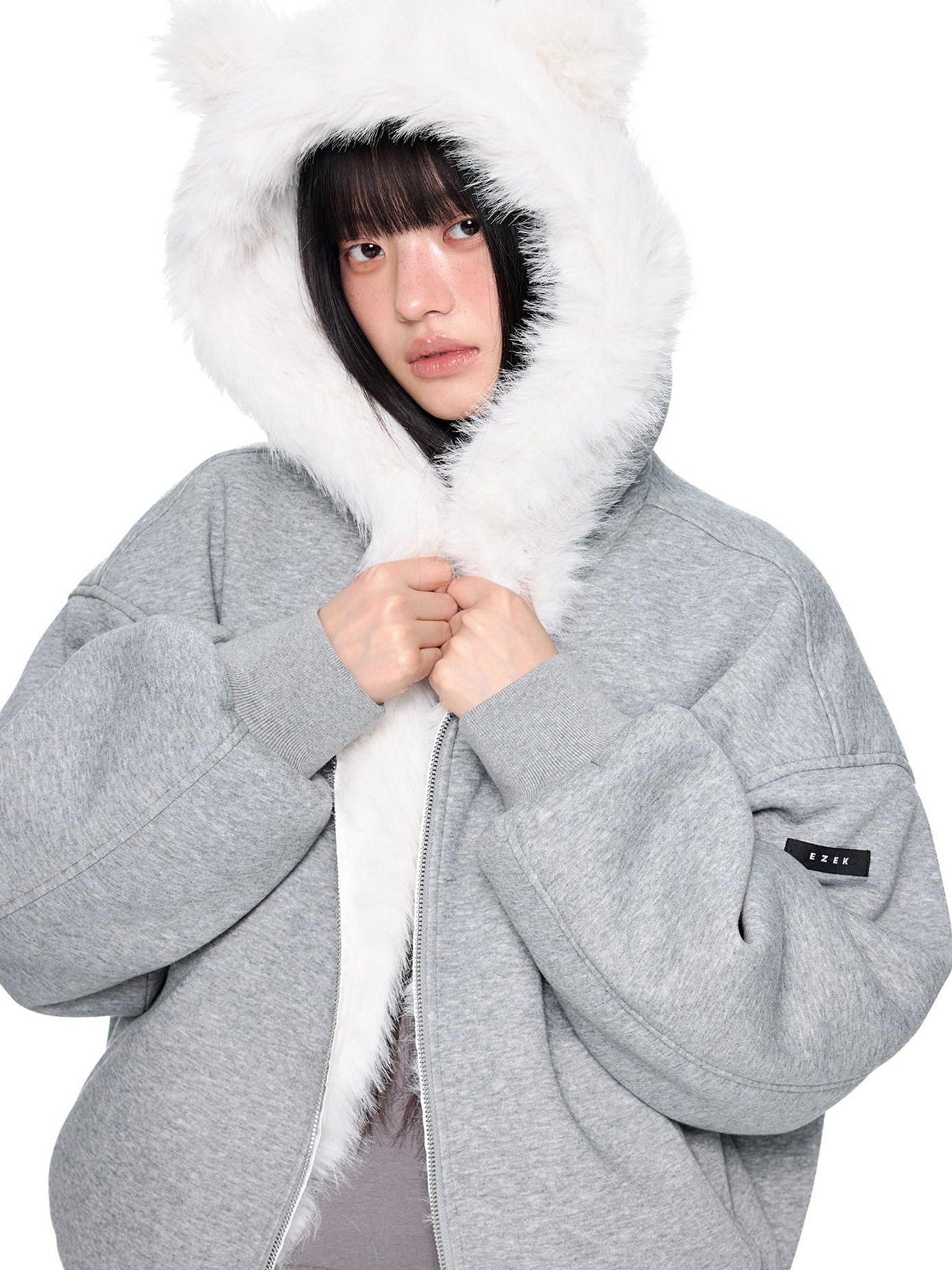 EZEK Grey Fluffy Ear Reversible Hooded Zipper Women's Cotton Puffer Jackets