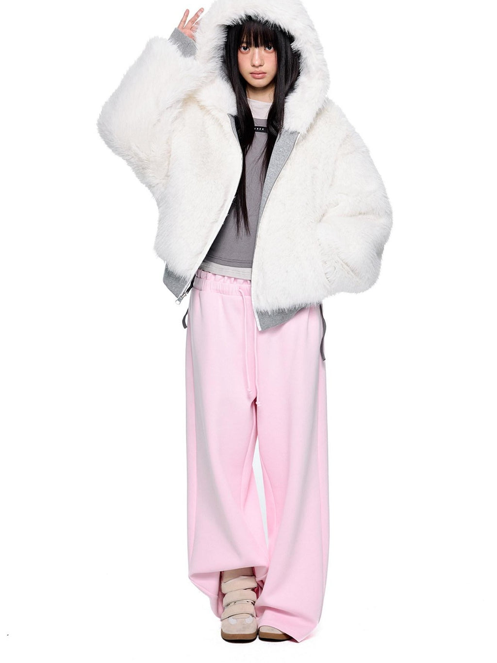 EZEK Grey Fluffy Ear Reversible Hooded Zipper Women's Cotton Puffer Jackets