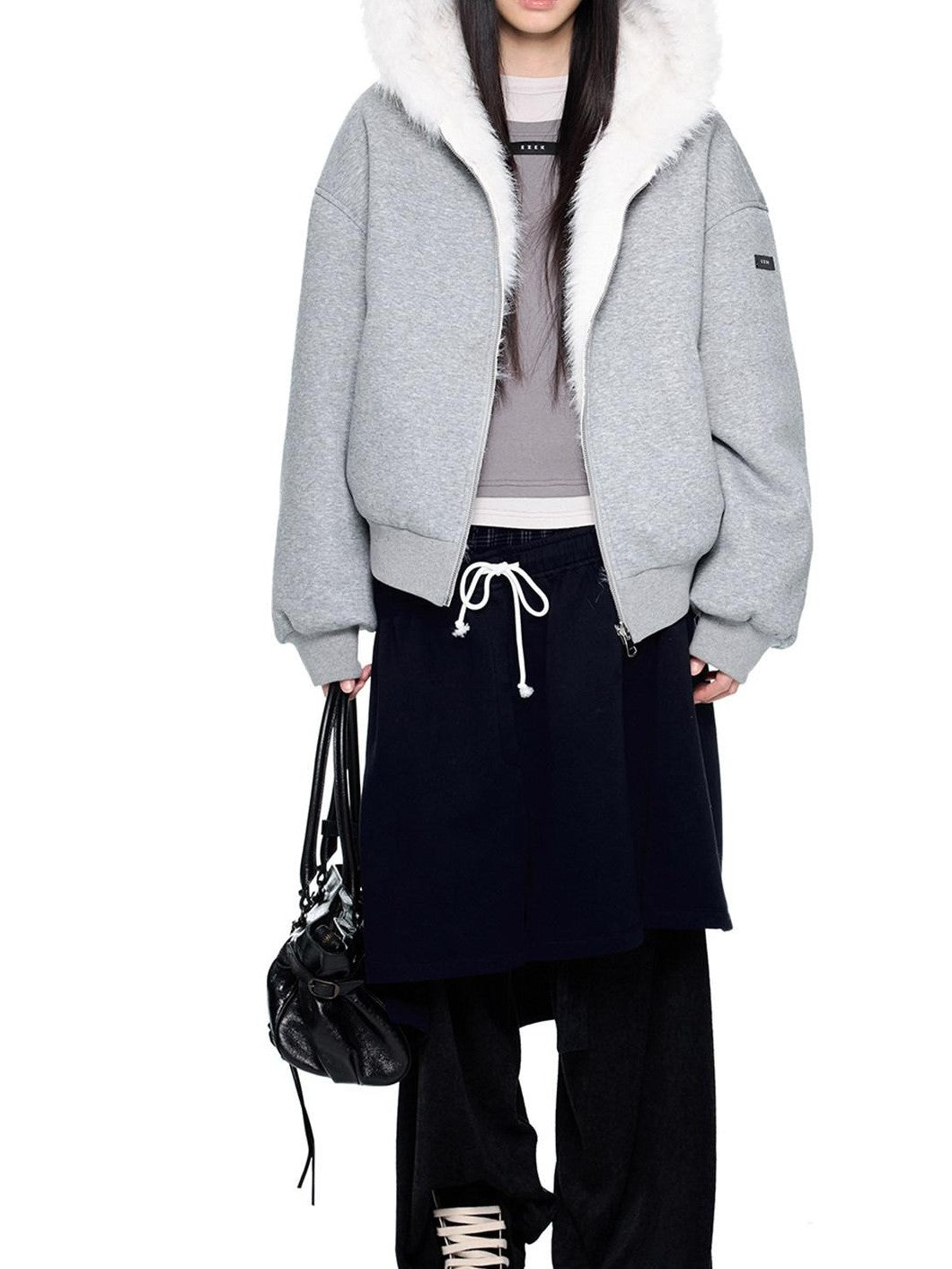 EZEK Grey Fluffy Ear Reversible Hooded Zipper Women's Cotton Puffer Jackets