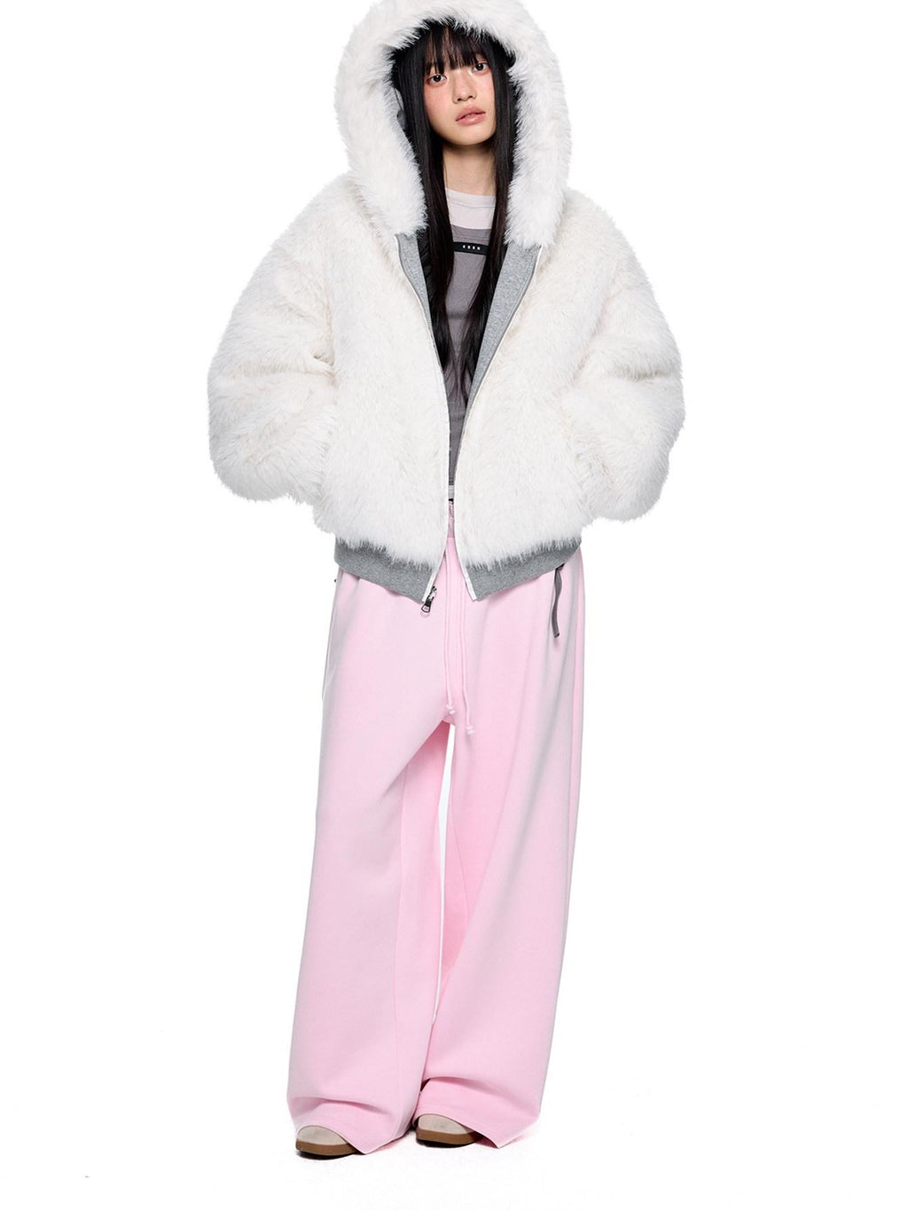EZEK Grey Fluffy Ear Reversible Hooded Zipper Women's Cotton Puffer Jackets