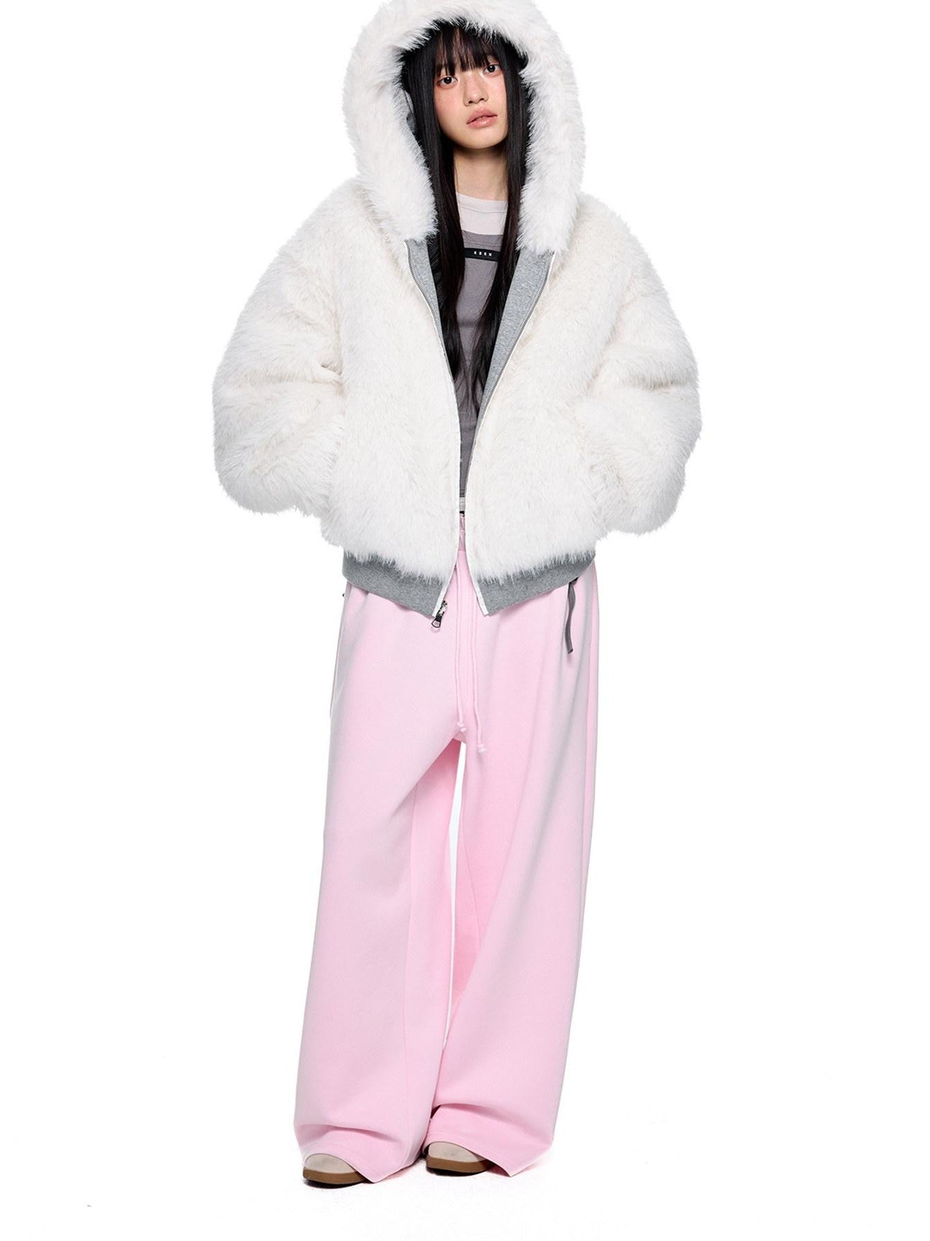 EZEK Grey Fluffy Ear Reversible Hooded Zipper Women's Cotton Puffer Jackets