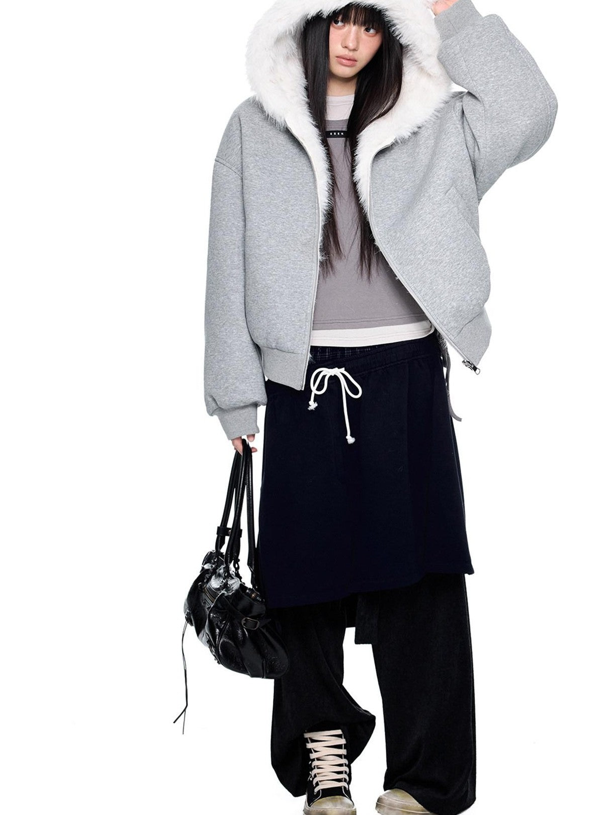EZEK Grey Fluffy Ear Reversible Hooded Zipper Women's Cotton Puffer Jackets