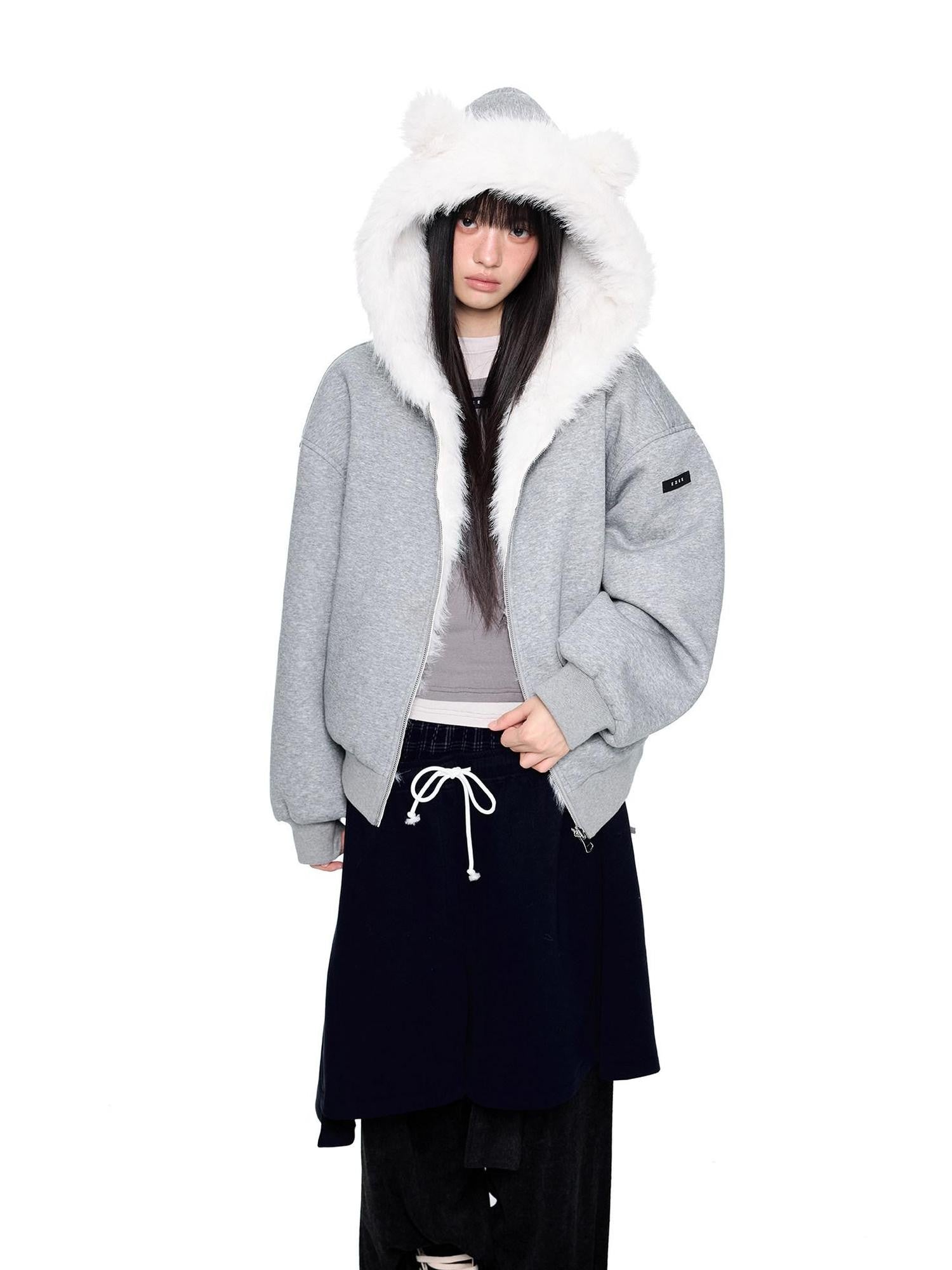 EZEK Grey Fluffy Ear Reversible Hooded Zipper Women's Cotton Puffer Jackets
