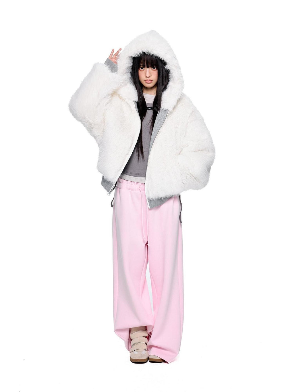 EZEK Grey Fluffy Ear Reversible Hooded Zipper Women's Cotton Puffer Jackets