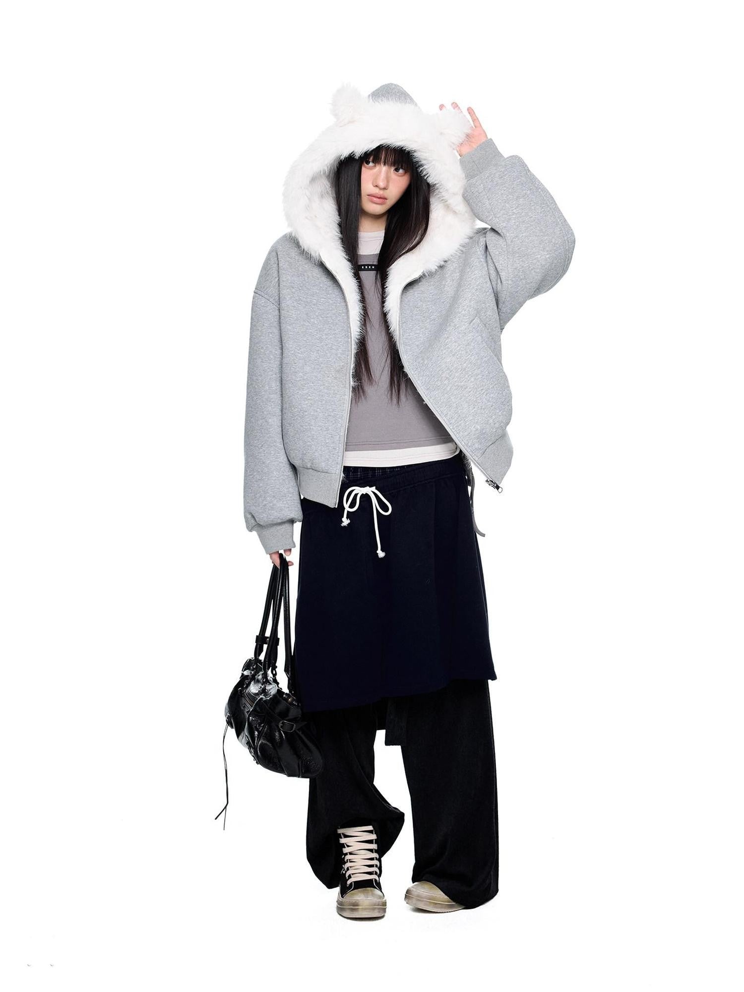 EZEK Grey Fluffy Ear Reversible Hooded Zipper Women's Cotton Puffer Jackets