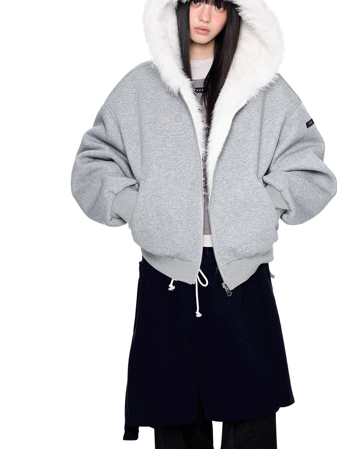 EZEK Grey Fluffy Ear Reversible Hooded Zipper Women's Cotton Puffer Jackets