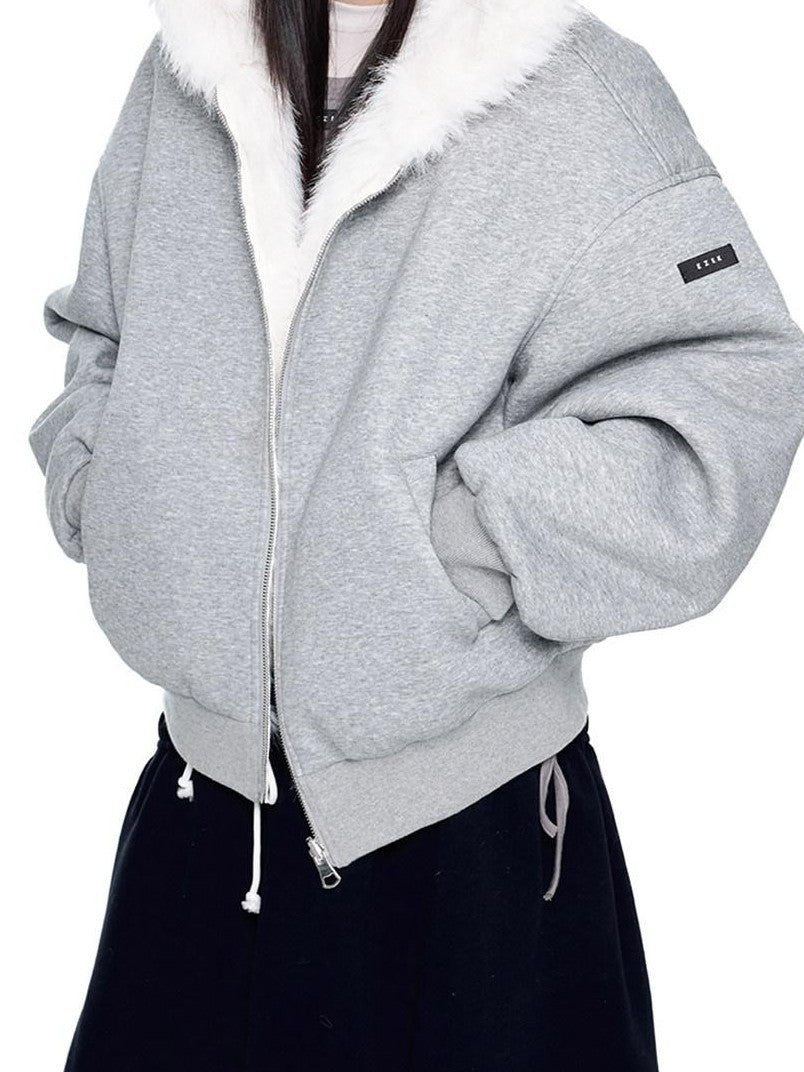 EZEK Grey Fluffy Ear Reversible Hooded Zipper Women's Cotton Puffer Jackets