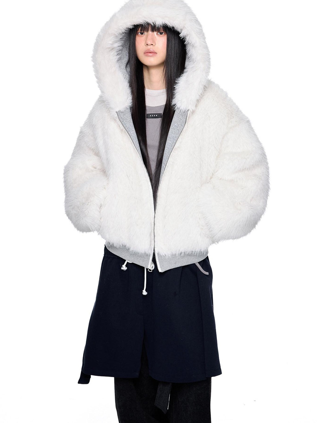 EZEK Grey Fluffy Ear Reversible Hooded Zipper Women's Cotton Puffer Jackets
