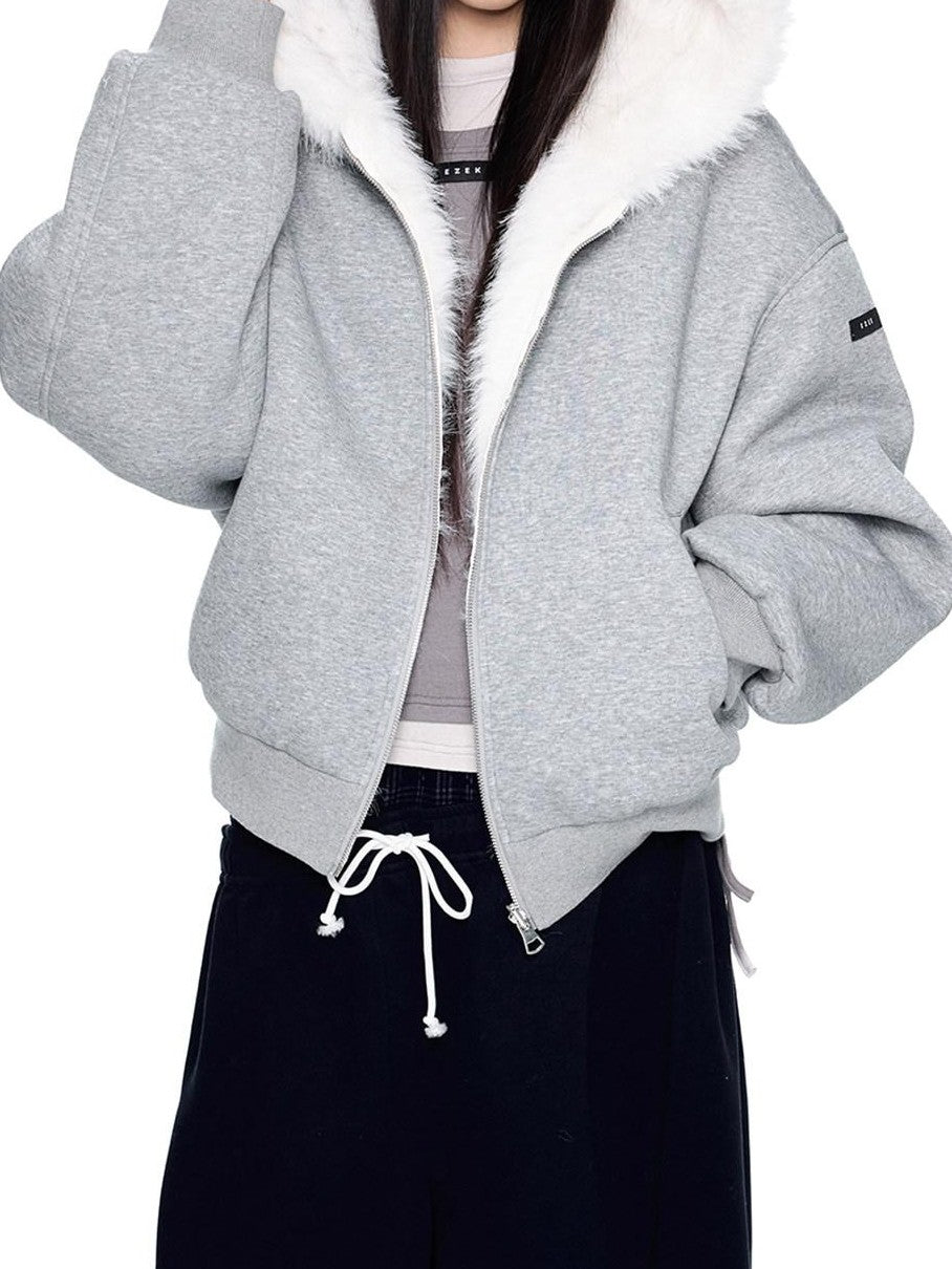 EZEK Grey Fluffy Ear Reversible Hooded Zipper Women's Cotton Puffer Jackets