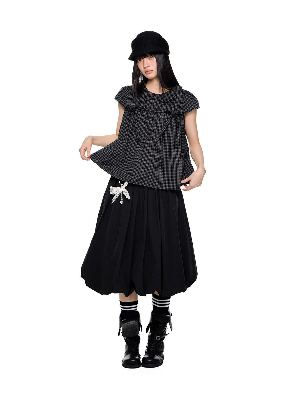 EZEK Grid Doll Collar Print Women's Cotton Short Sleeve T-shirts