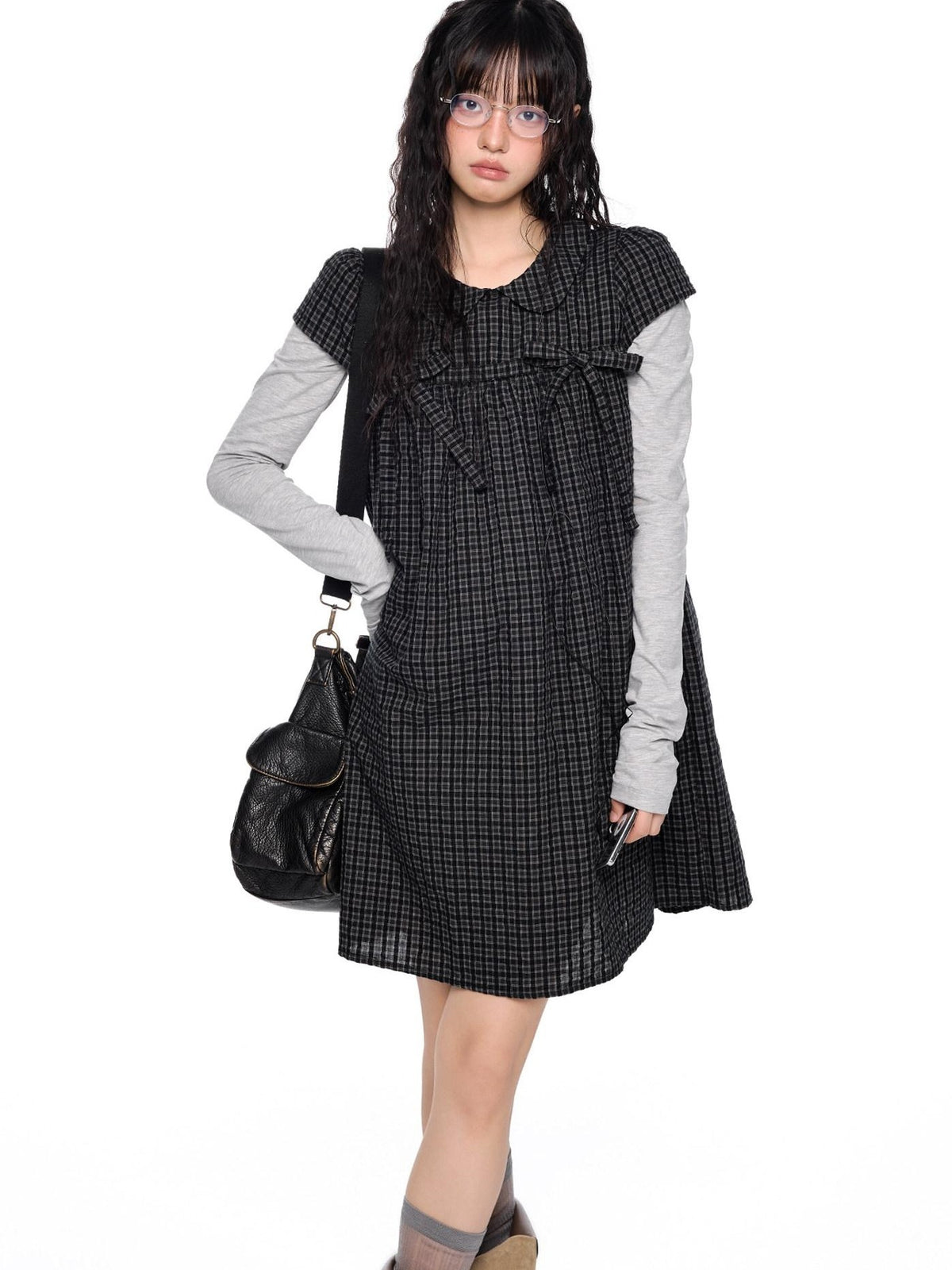 EZEK Grid Doll Collar Print Women's Cotton Short Sleeve T-shirts
