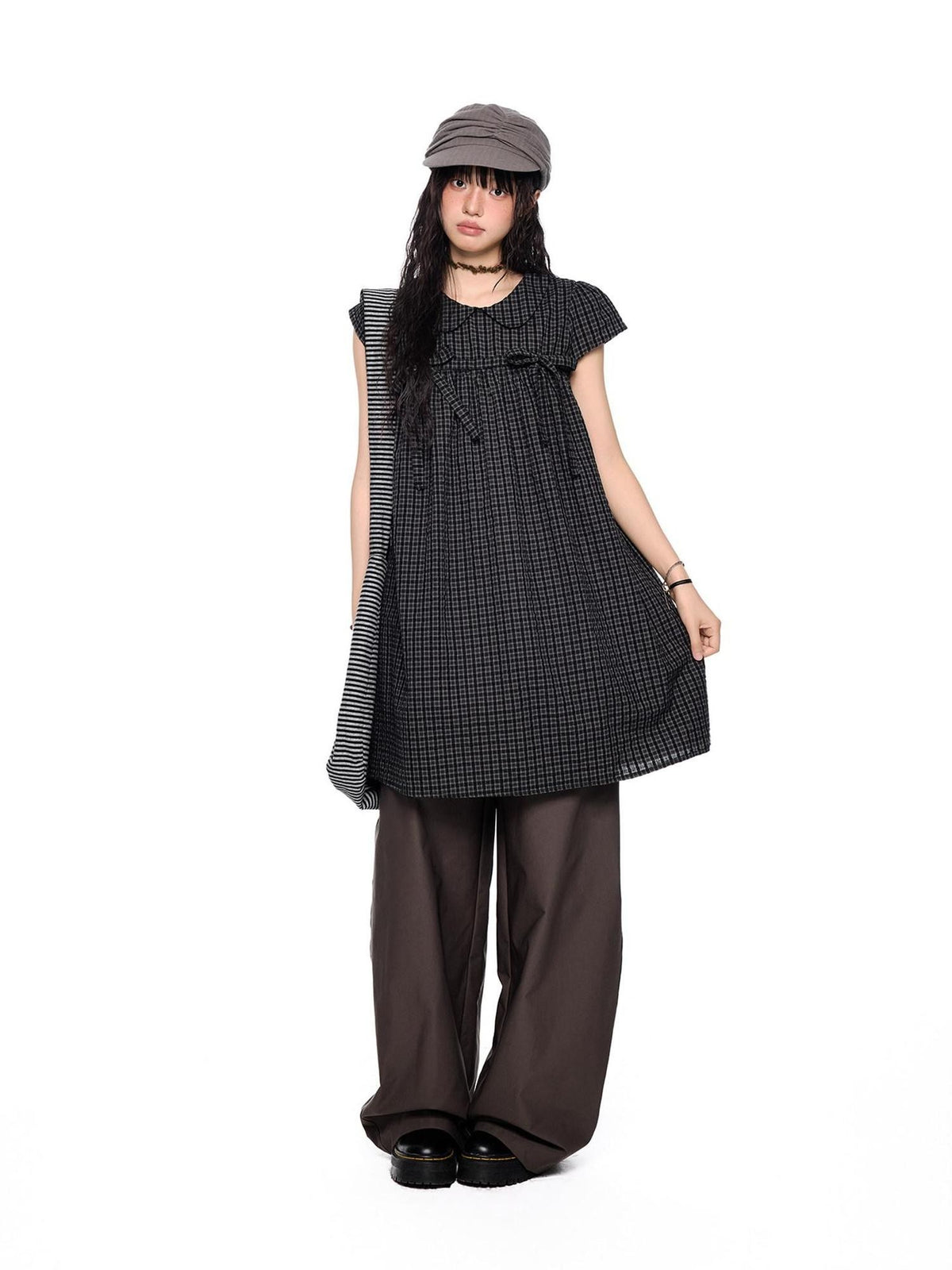 EZEK Grid Doll Collar Print Women's Cotton Short Sleeve T-shirts