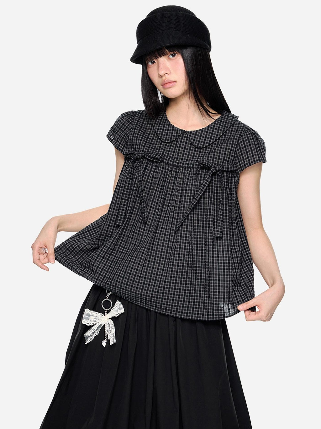 EZEK Grid Doll Collar Print Women's Cotton Short Sleeve T-shirts