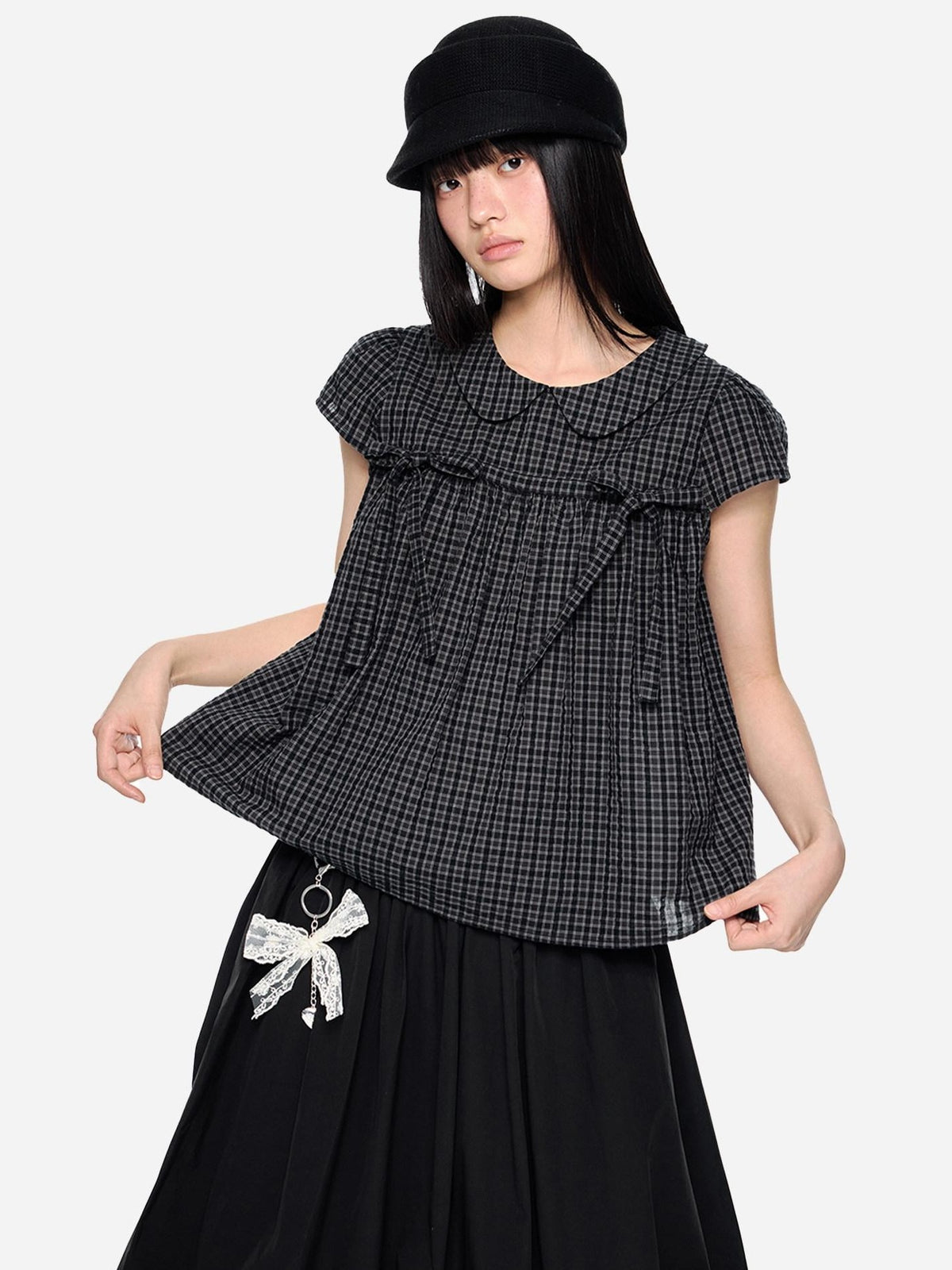 EZEK Grid Doll Collar Print Women's Cotton Short Sleeve T-shirts