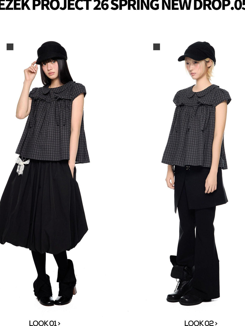 EZEK Grid Doll Collar Print Women's Cotton Short Sleeve T-shirts
