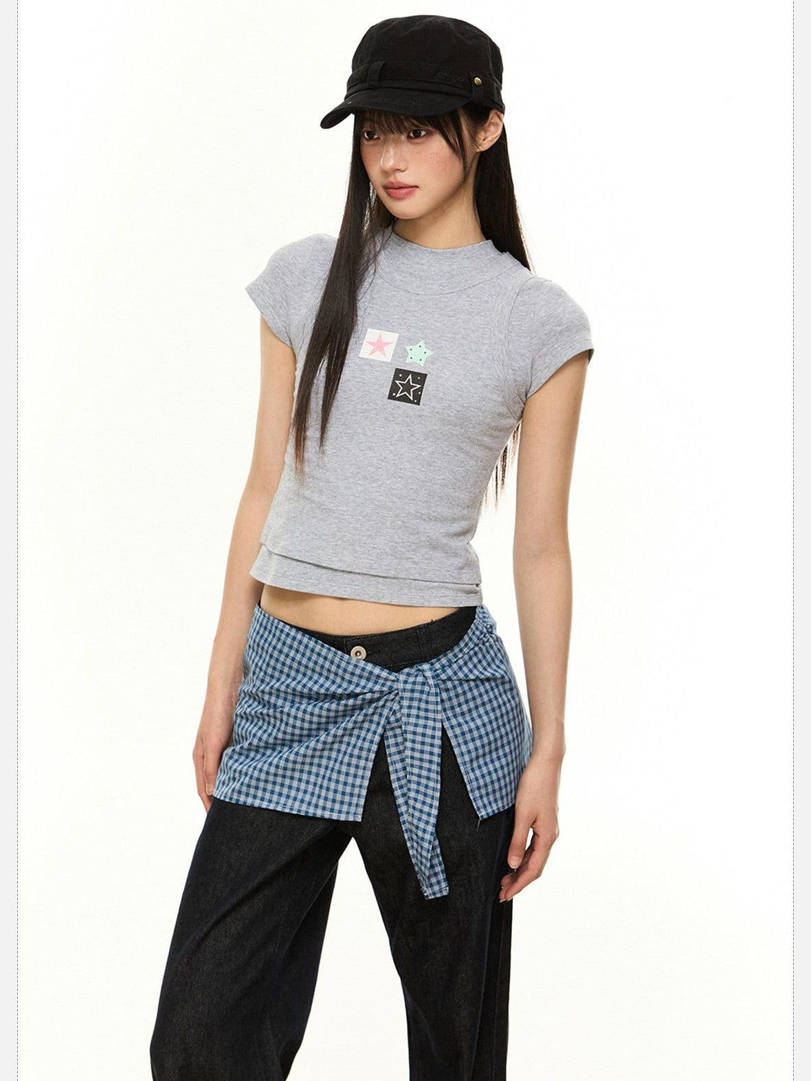 EZEK Heather Gray Slim Fit Letter Star Print Women's Cotton Short Sleeve T-shirts