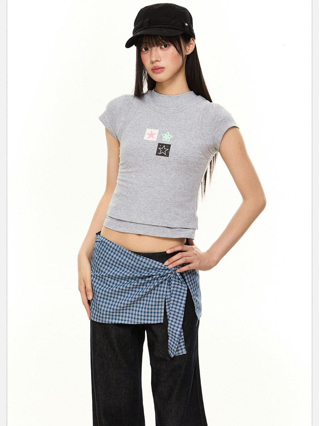 EZEK Heather Gray Slim Fit Letter Star Print Women's Cotton Short Sleeve T-shirts