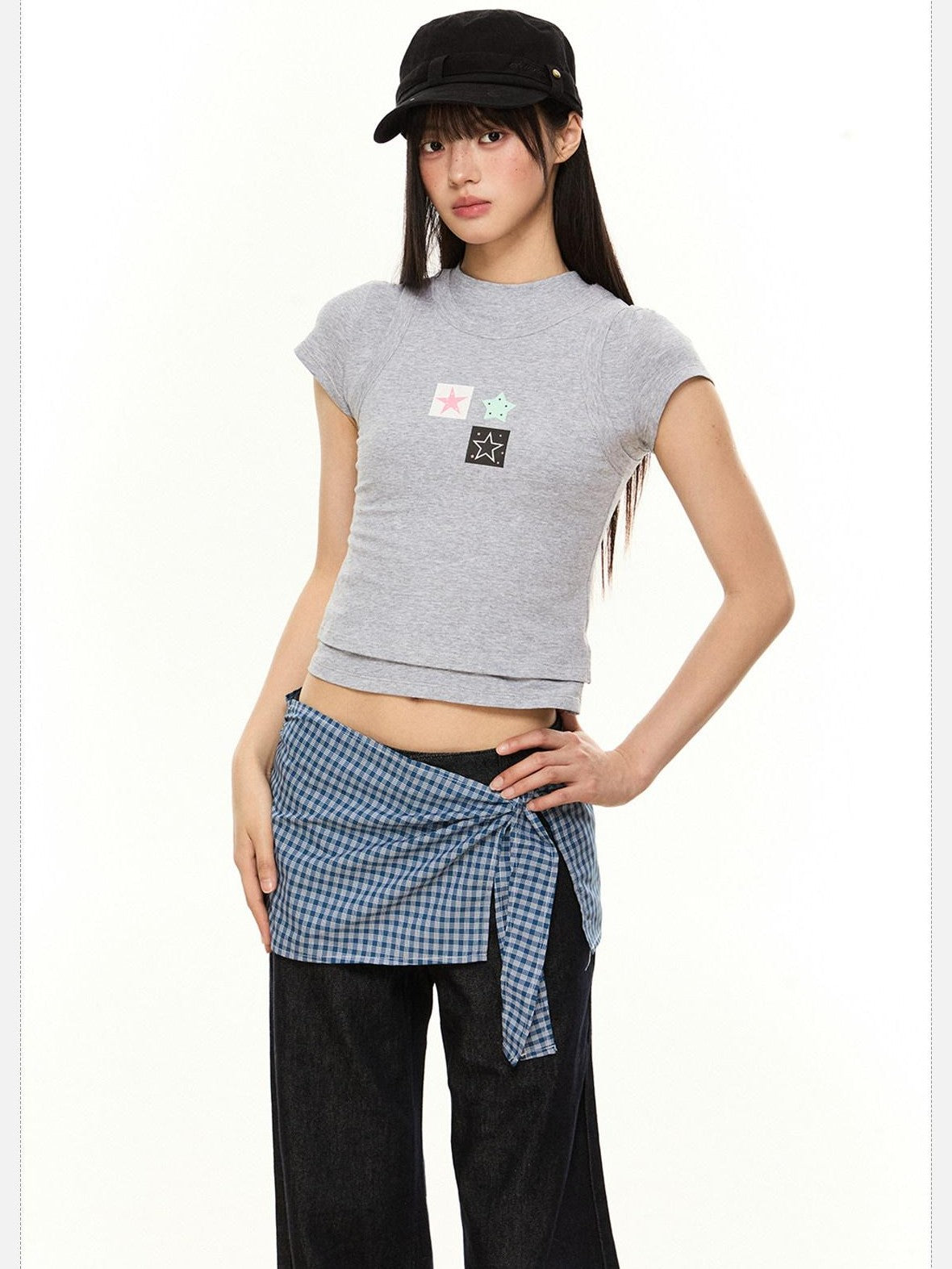 EZEK Heather Gray Slim Fit Letter Star Print Women's Cotton Short Sleeve T-shirts