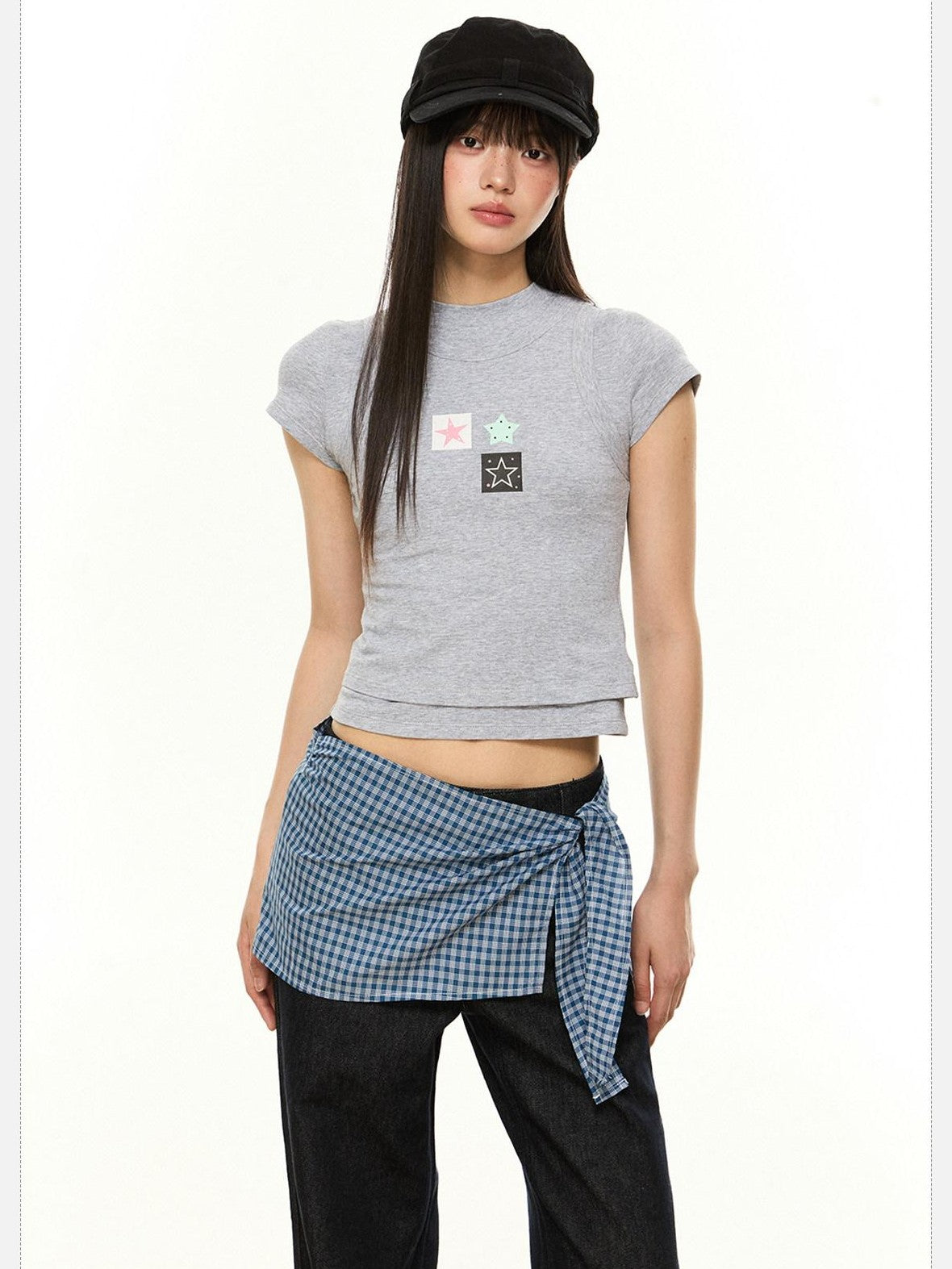 EZEK Heather Gray Slim Fit Letter Star Print Women's Cotton Short Sleeve T-shirts