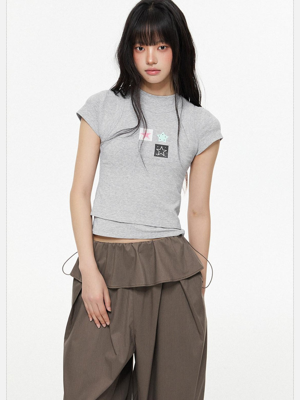 EZEK Heather Gray Slim Fit Letter Star Print Women's Cotton Short Sleeve T-shirts