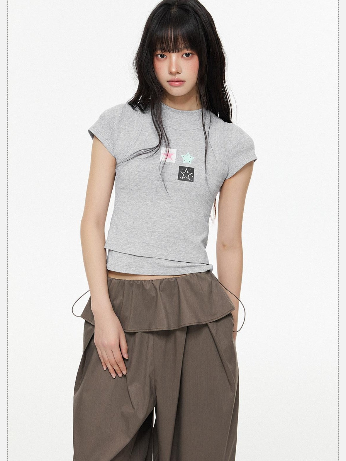 EZEK Heather Gray Slim Fit Letter Star Print Women's Cotton Short Sleeve T-shirts
