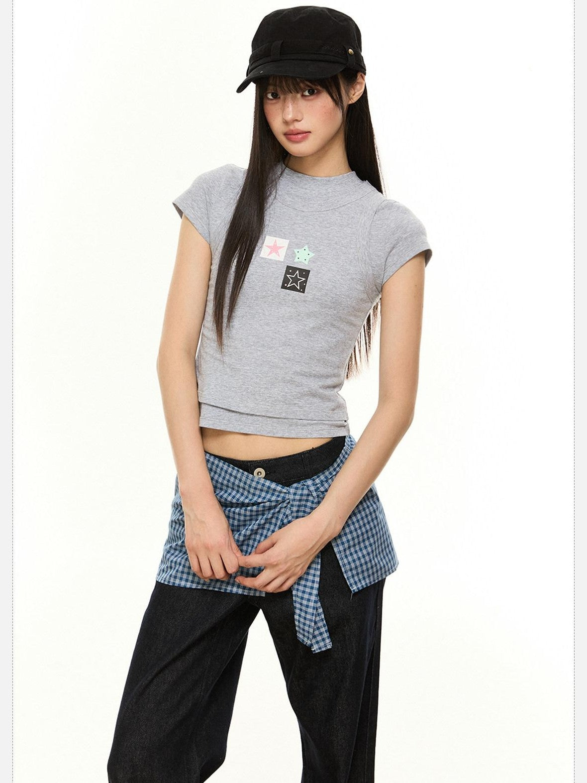 EZEK Heather Gray Slim Fit Letter Star Print Women's Cotton Short Sleeve T-shirts