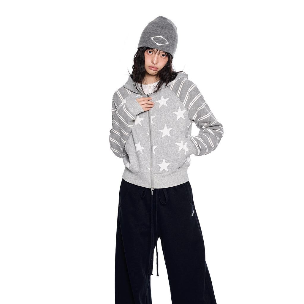EZEK_Heather_Gray_Star_Print_Striped_Colorblock_Women's_Cotton_Blend_Zip-up_Hoodies_1055671202821_MISSTT