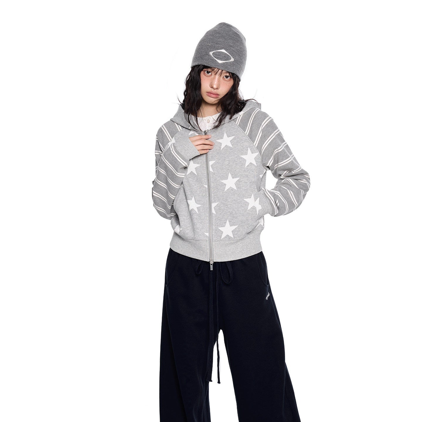 EZEK_Heather_Gray_Star_Print_Striped_Colorblock_Women's_Cotton_Blend_Zip-up_Hoodies_1055671202821_MISSTT