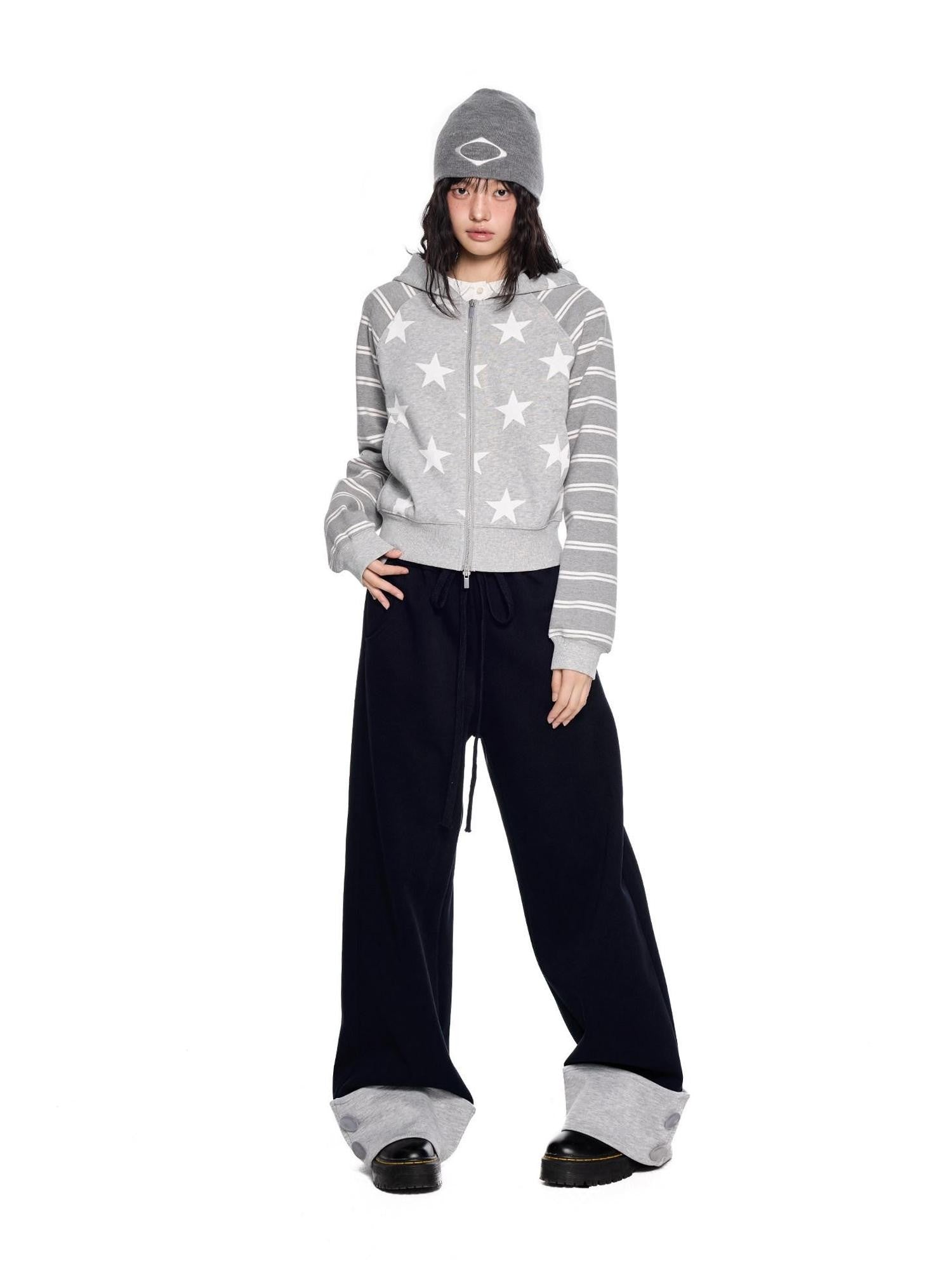 EZEK Heather Gray Star Print Striped Colorblock Women's Cotton Blend Zip-up Hoodies