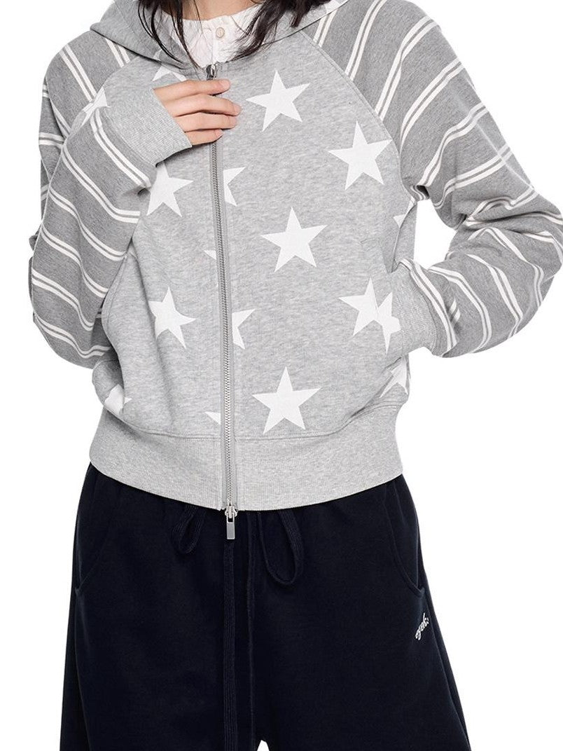 EZEK Heather Gray Star Print Striped Colorblock Women's Cotton Blend Zip-up Hoodies