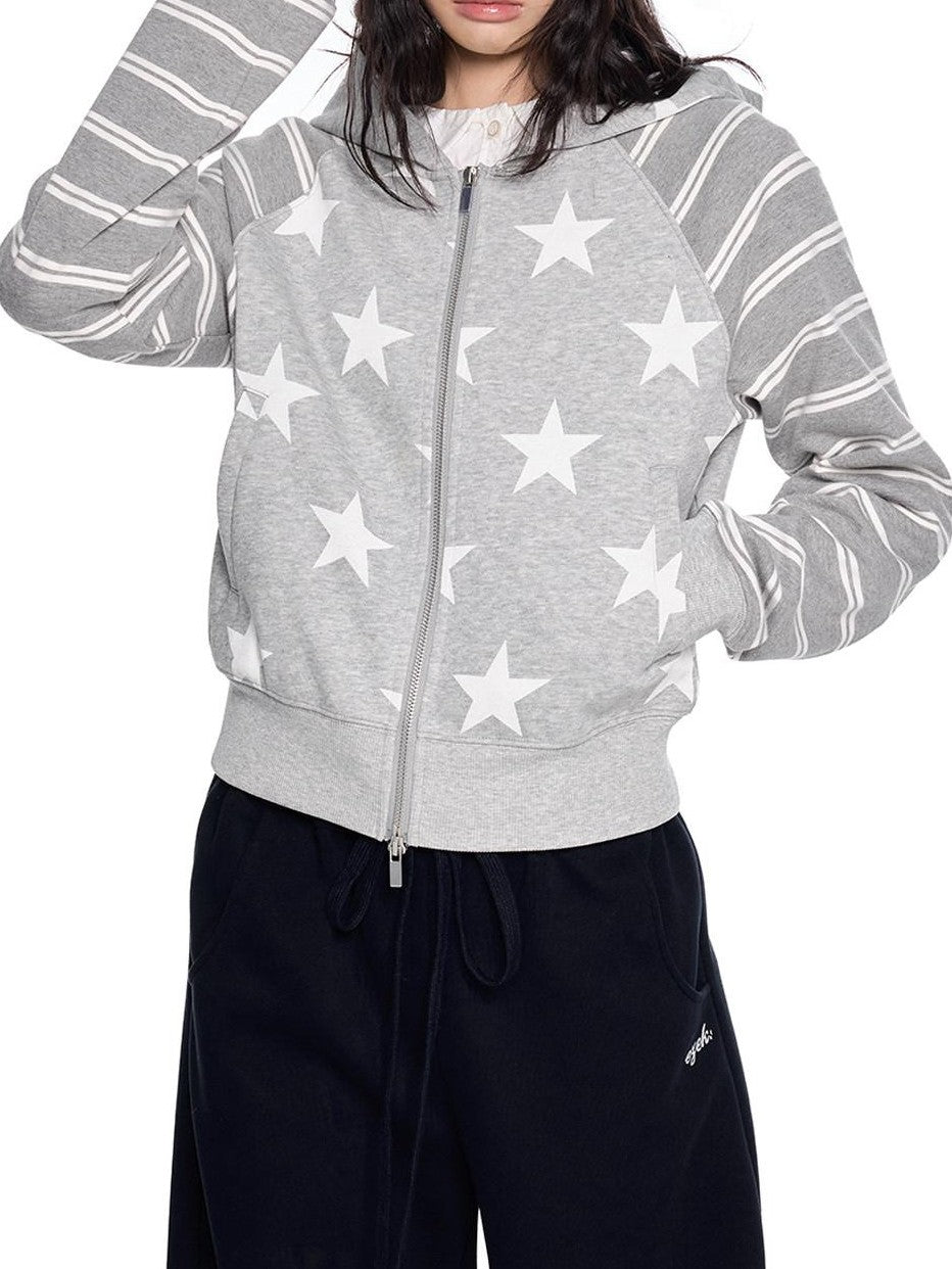 EZEK Heather Gray Star Print Striped Colorblock Women's Cotton Blend Zip-up Hoodies