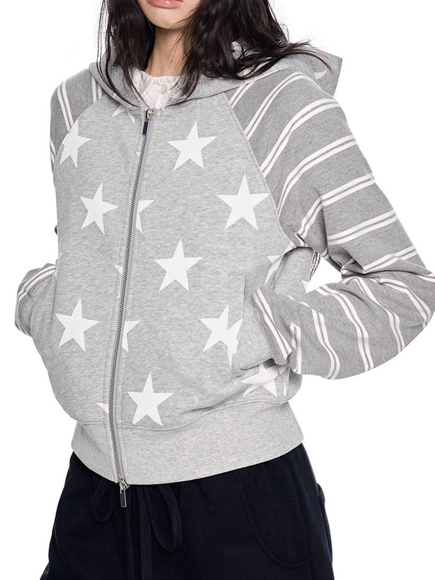 EZEK Heather Gray Star Print Striped Colorblock Women's Cotton Blend Zip-up Hoodies