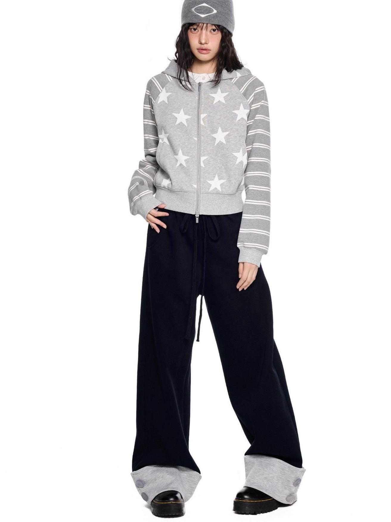 EZEK Heather Gray Star Print Striped Colorblock Women's Cotton Blend Zip-up Hoodies