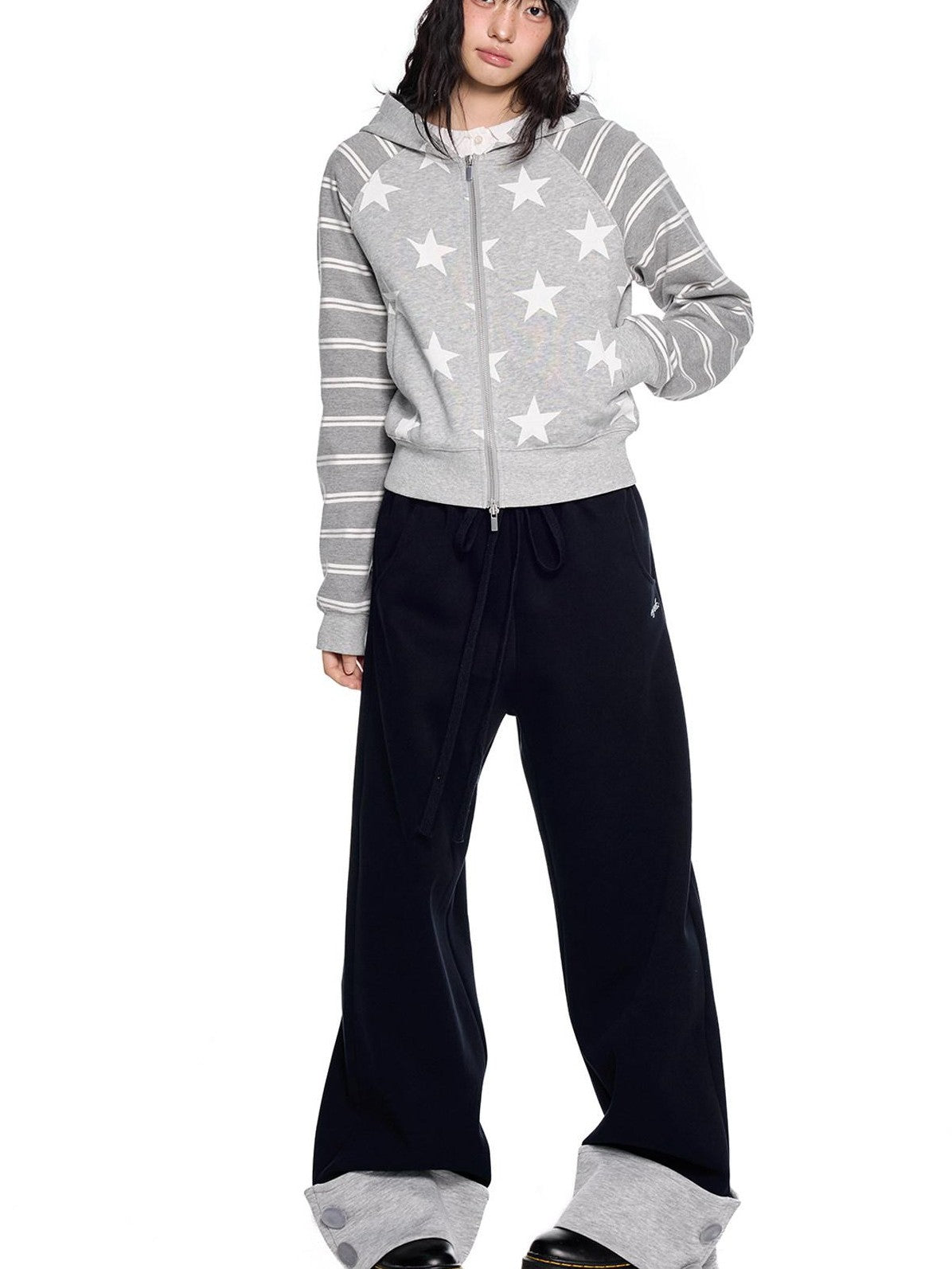EZEK Heather Gray Star Print Striped Colorblock Women's Cotton Blend Zip-up Hoodies