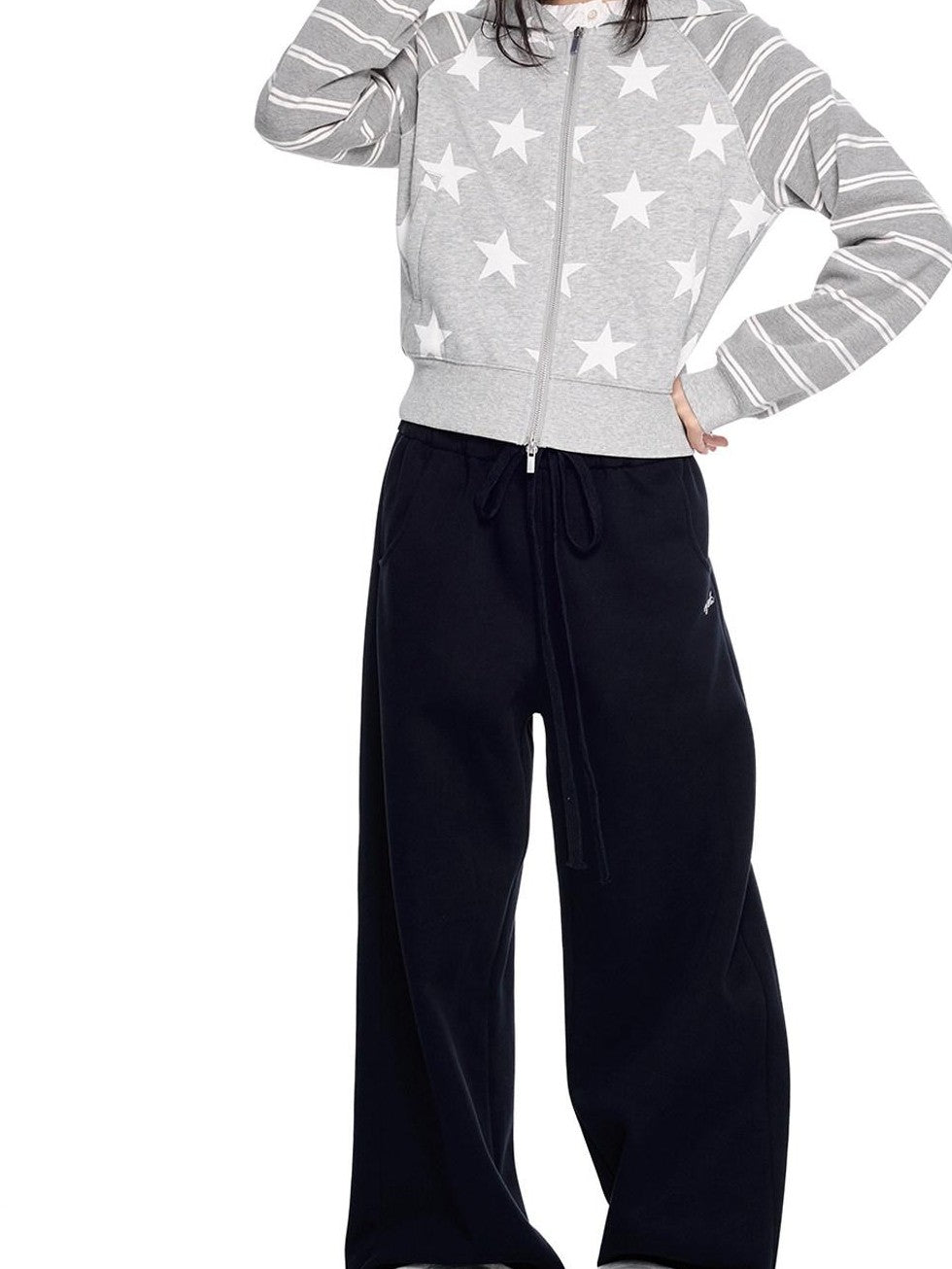 EZEK Heather Gray Star Print Striped Colorblock Women's Cotton Blend Zip-up Hoodies