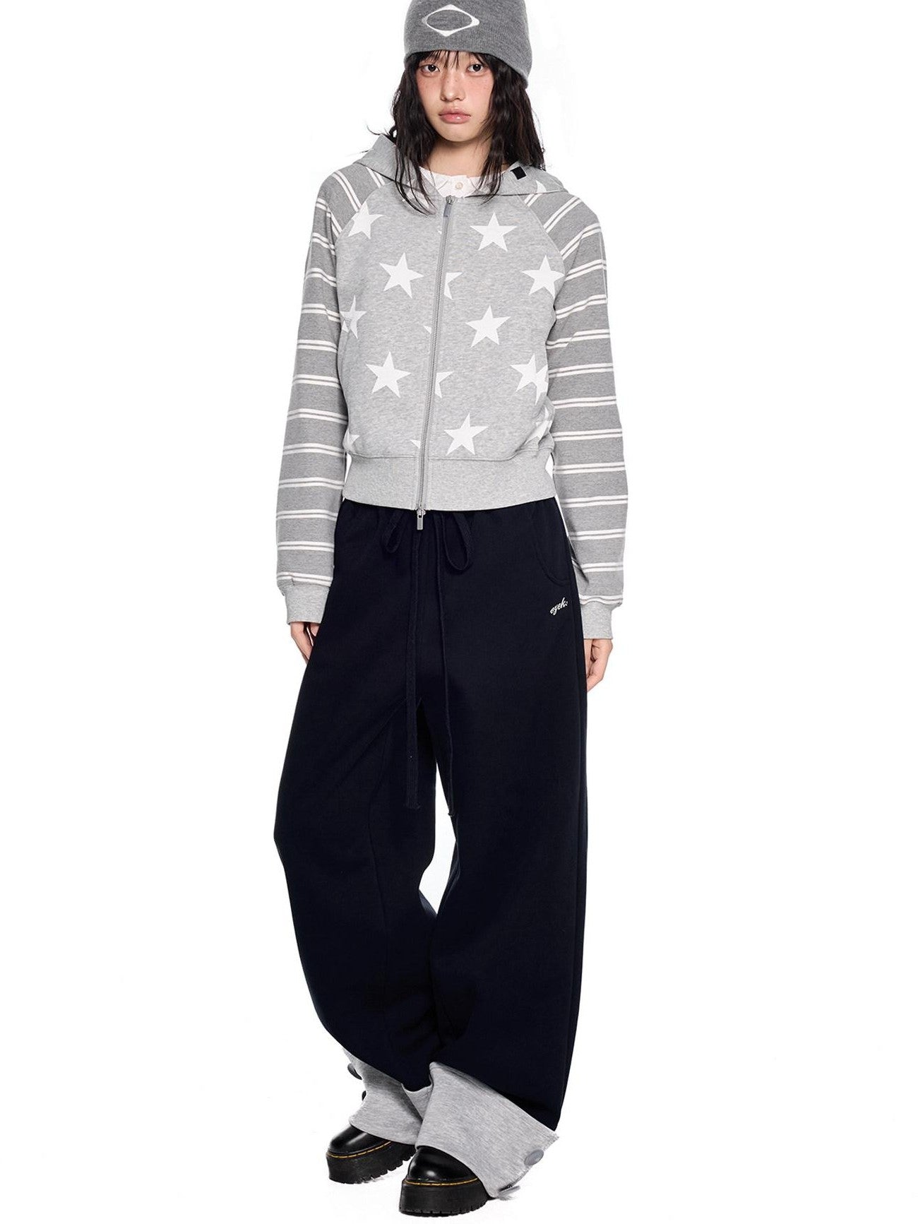 EZEK Heather Gray Star Print Striped Colorblock Women's Cotton Blend Zip-up Hoodies