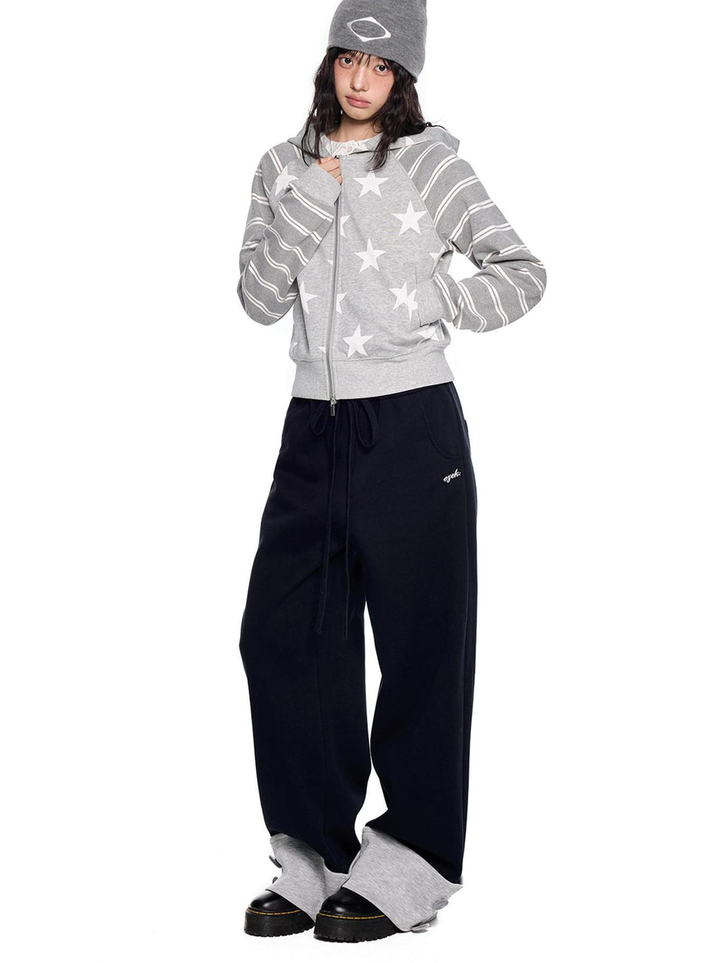 EZEK Heather Gray Star Print Striped Colorblock Women's Cotton Blend Zip-up Hoodies