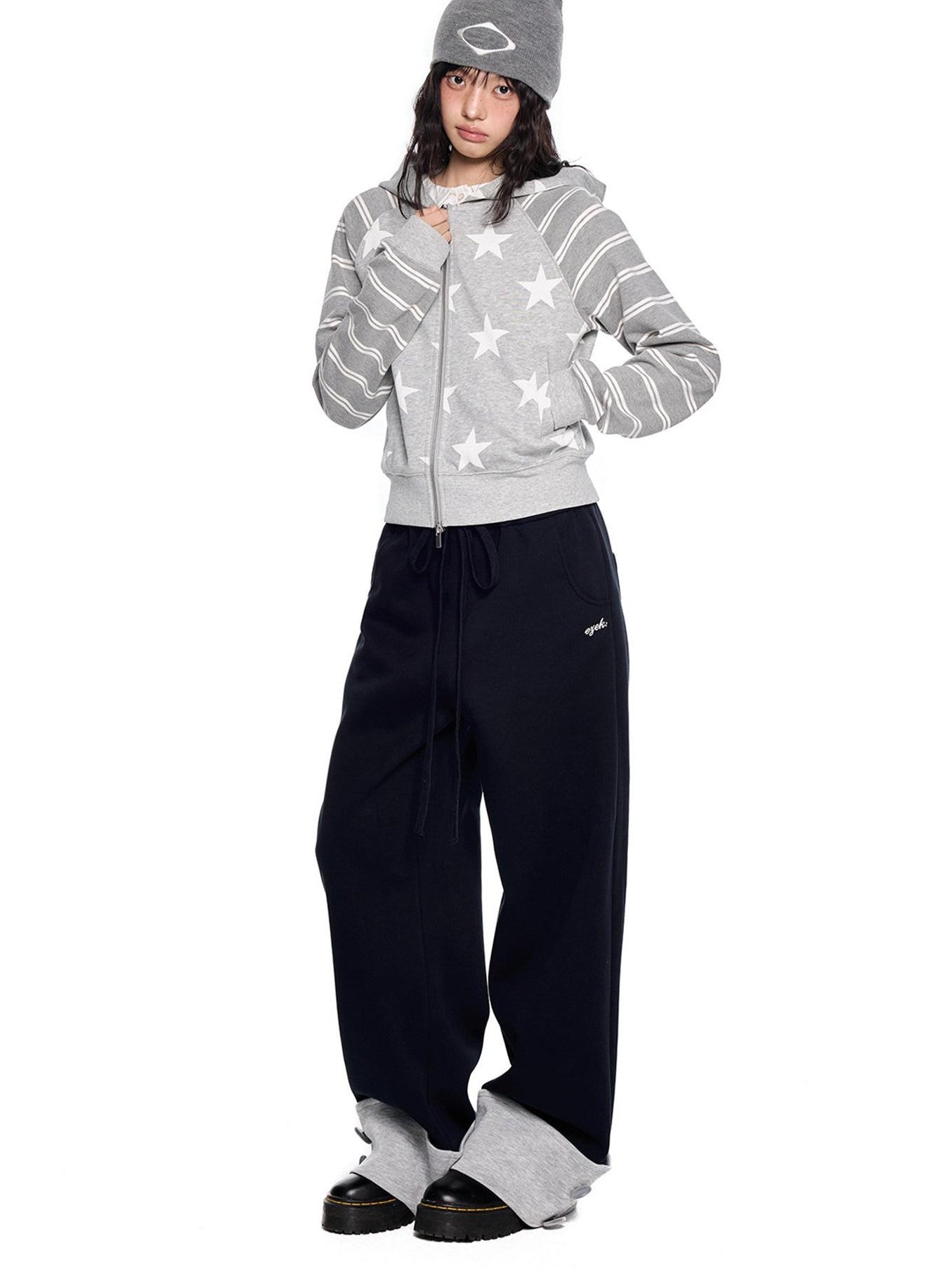 EZEK Heather Gray Star Print Striped Colorblock Women's Cotton Blend Zip-up Hoodies