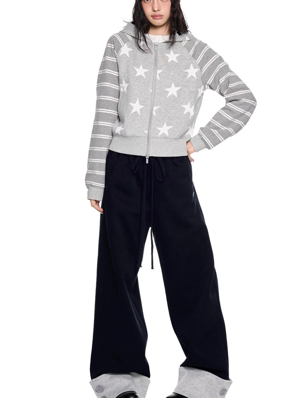 EZEK Heather Gray Star Print Striped Colorblock Women's Cotton Blend Zip-up Hoodies