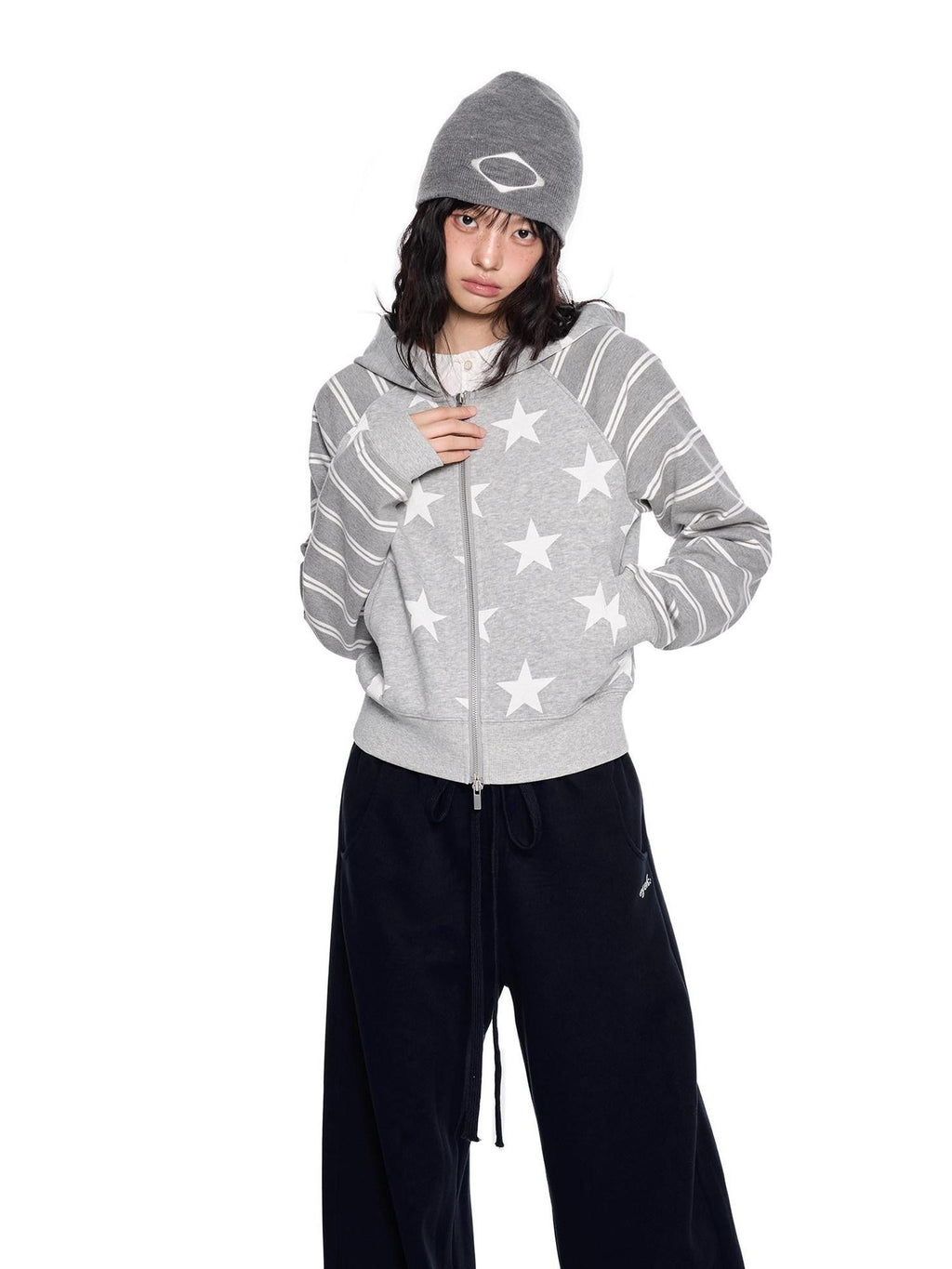 EZEK Heather Gray Star Print Striped Colorblock Women's Cotton Blend Zip-up Hoodies
