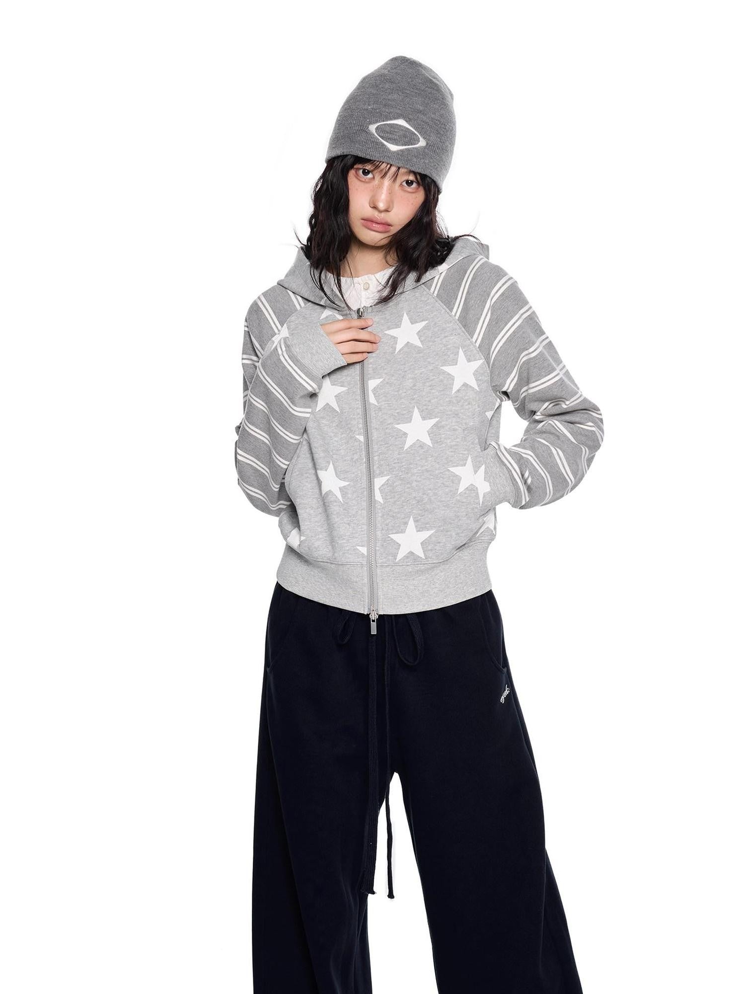 EZEK Heather Gray Star Print Striped Colorblock Women's Cotton Blend Zip-up Hoodies