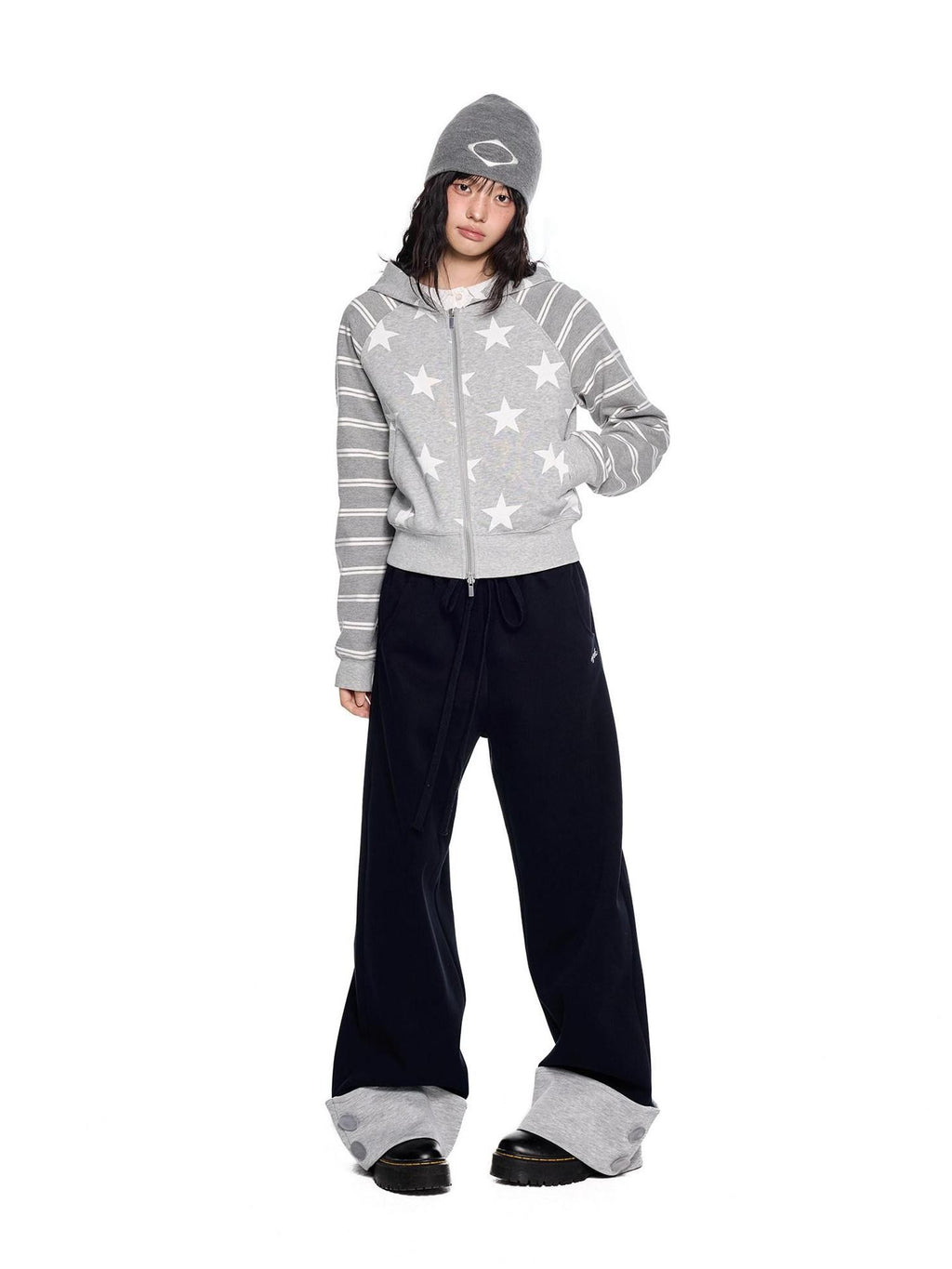 EZEK Heather Gray Star Print Striped Colorblock Women's Cotton Blend Zip-up Hoodies
